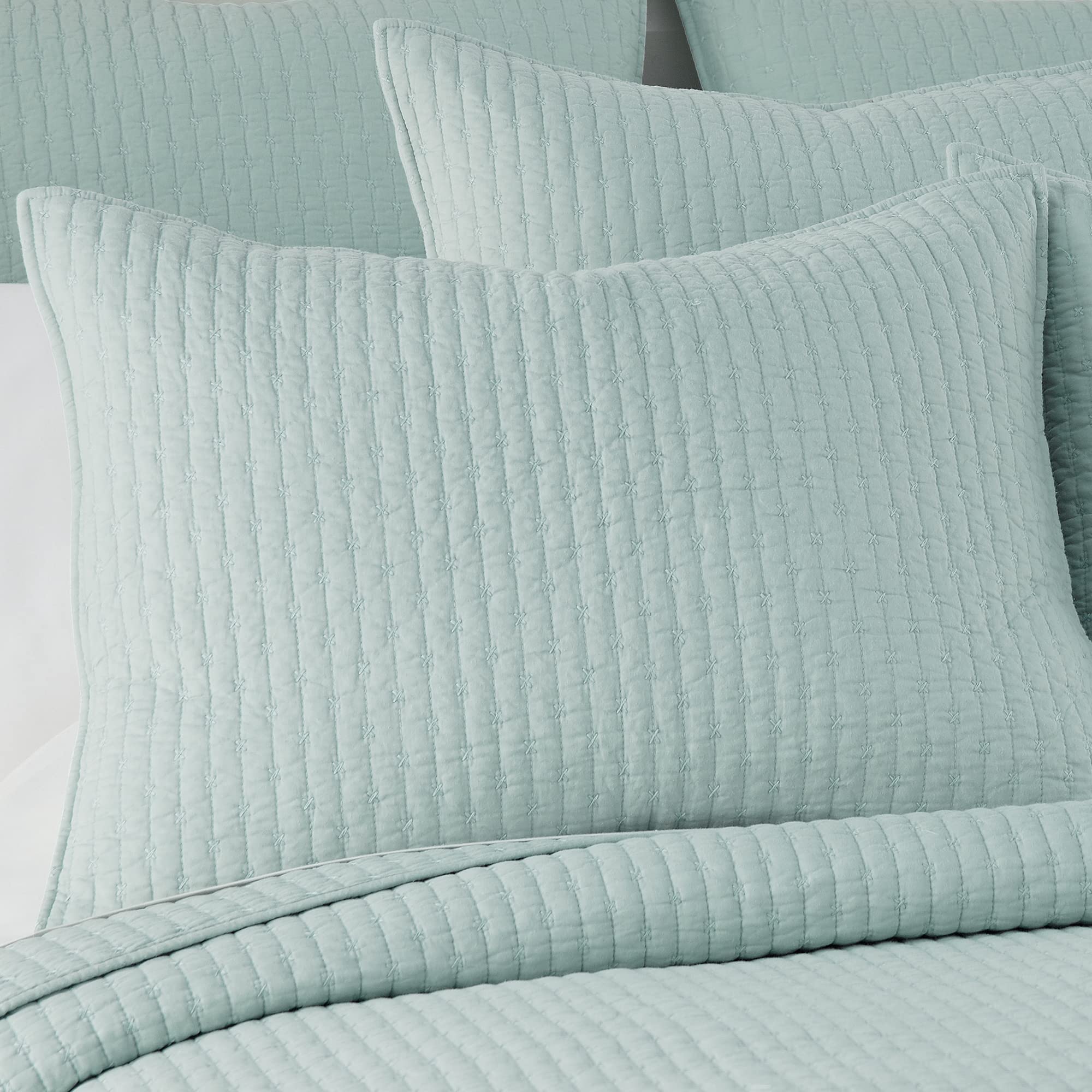 Levtex Home - 100% Cotton Reversible Cross Stitch Blue Haze Quilt Set - Full/Queen Size (88x92in) with 2 Standard Shams (26x20in) - Soft Breathable Bedding for Cozy Bedroom Decor