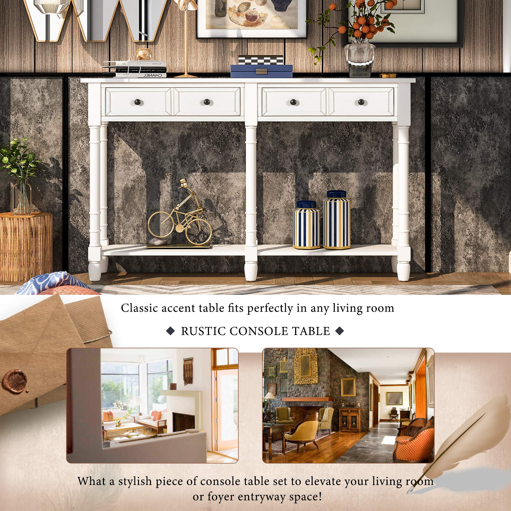 Danxee Solid Wood Entryway Console Table with Drawers & Long Shelf - Easy Assembly Rectangular Hallway Furniture (Ivory White) for Living Room, Foyer & Apartment Decor