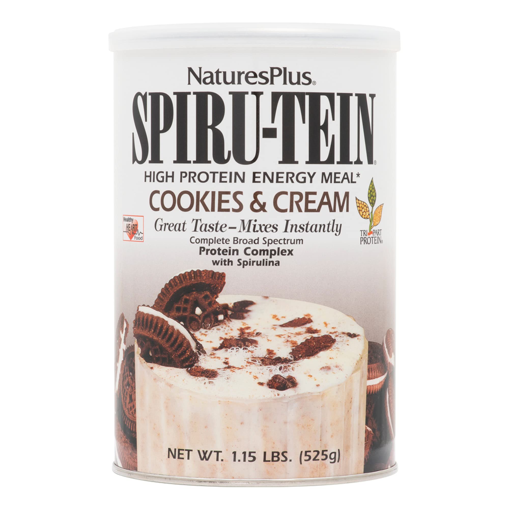 NaturesPlus SPIRU-TEIN Shake - Cookies & Cream Flavor - 1.15 lbs Plant-Based Protein Powder with Spirulina | Vegan Meal Replacement Packed with Vitamins & Minerals for Energy Boost | 15 Servings | Perfect for Post-Workout Recovery & Healthy Breakfast Smoothies