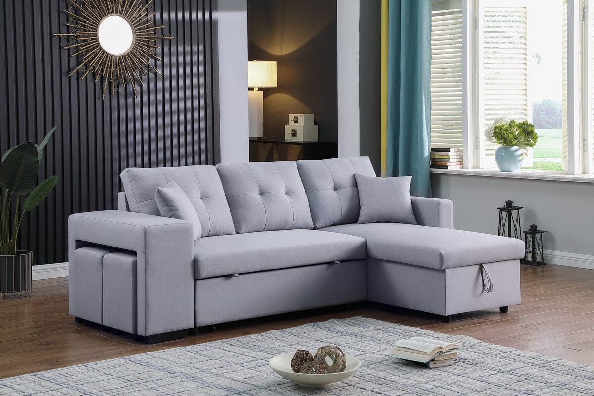 Dennis Light Gray Linen Reversible Sleeper Sectional Sofa with Storage Chaise & 2 Stools | Modern Fabric Couch for Living Room, Family Room & Small Spaces