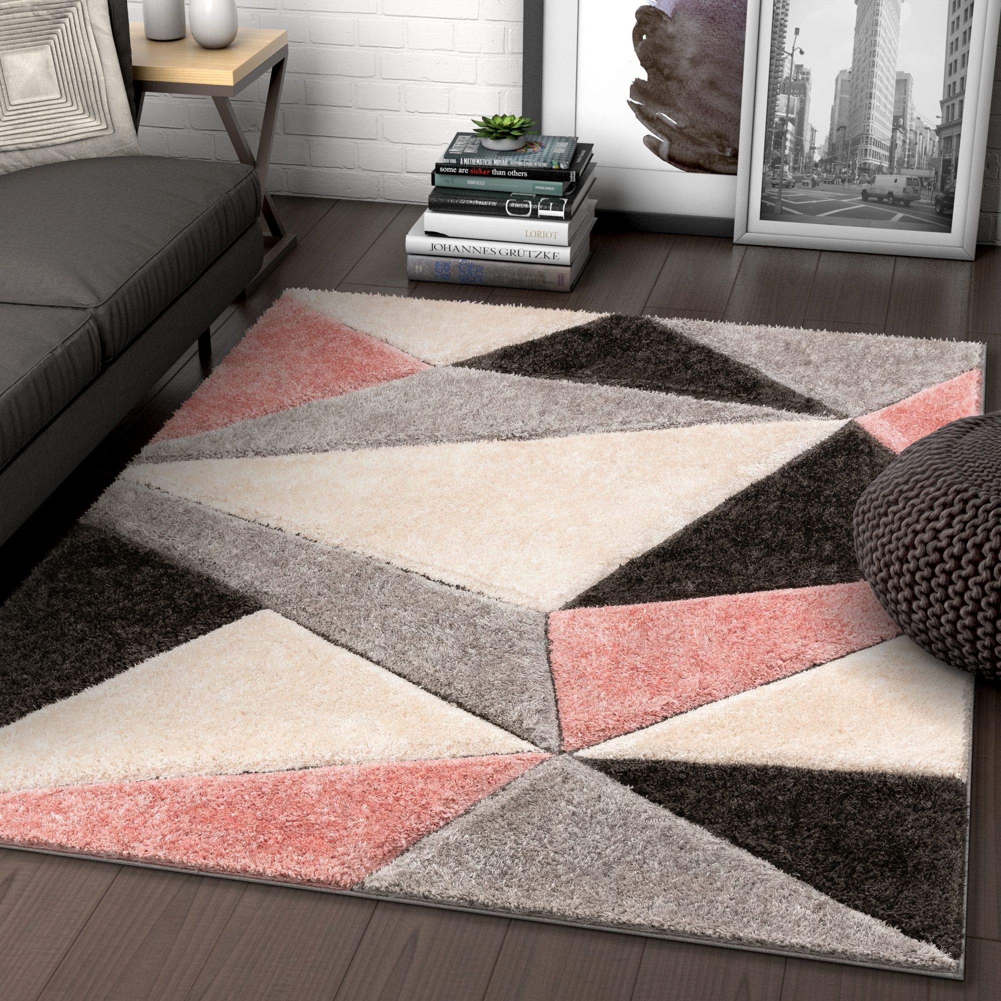 Well Woven Walker Pink Triangle Boxes Thick Soft Plush 3D Textured Shag Area Rug 5'3
