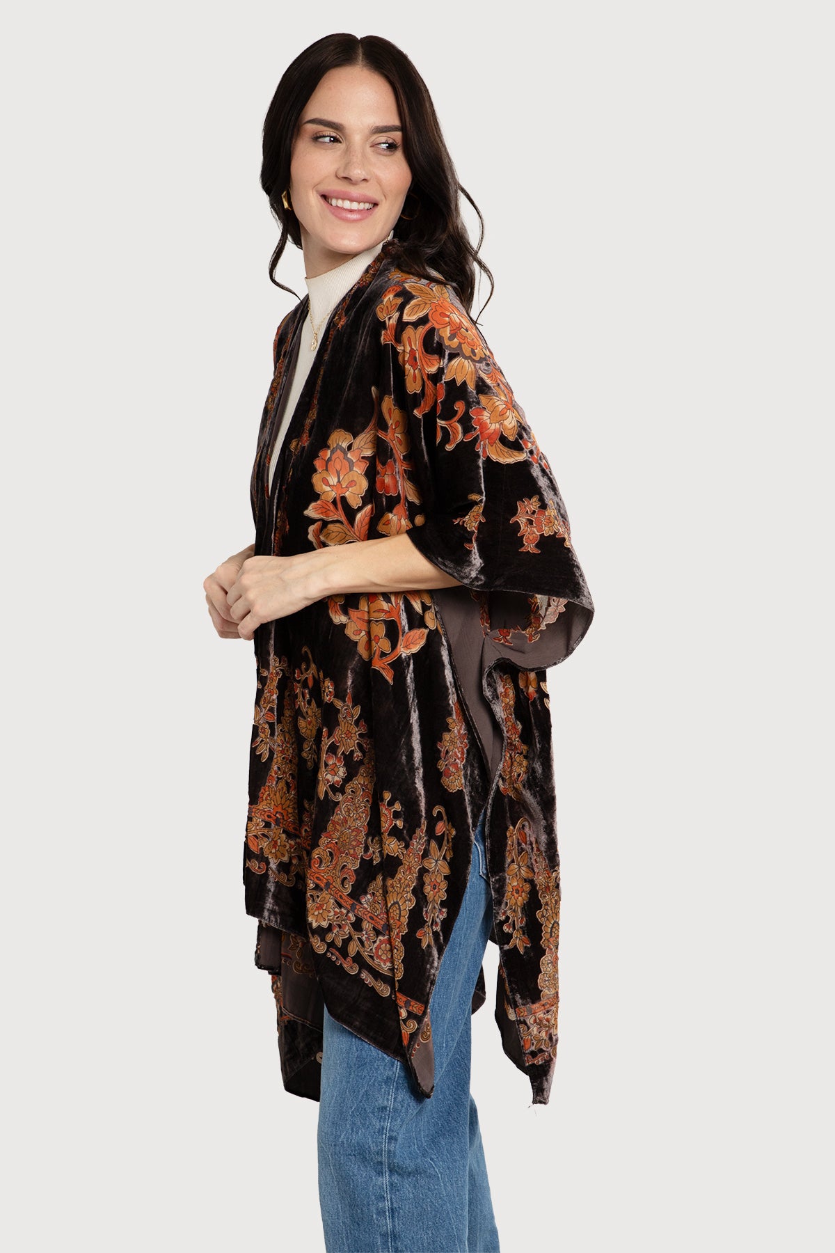 Black Velvet Ruana Shawl with Floral Embroidery - Elegant Women's Wrap for Evening Parties, Weddings & Special Occasions