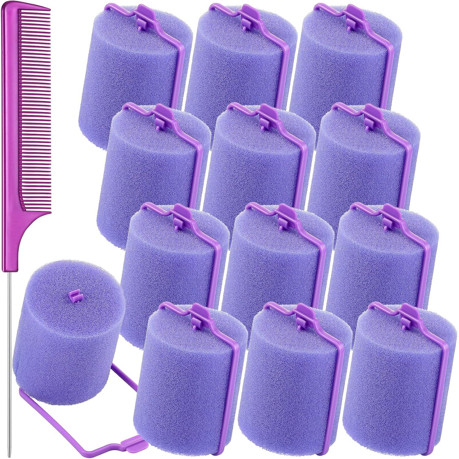 APOEM 12-Piece Soft Foam Hair Rollers Set - 1.89 Inch (4.8 cm) Sleeping Curlers with Stainless Steel Rat Tail Comb for Easy Styling (Blue & Purple) | Perfect for Overnight Curls & Salon-Quality Hairstyles at Home