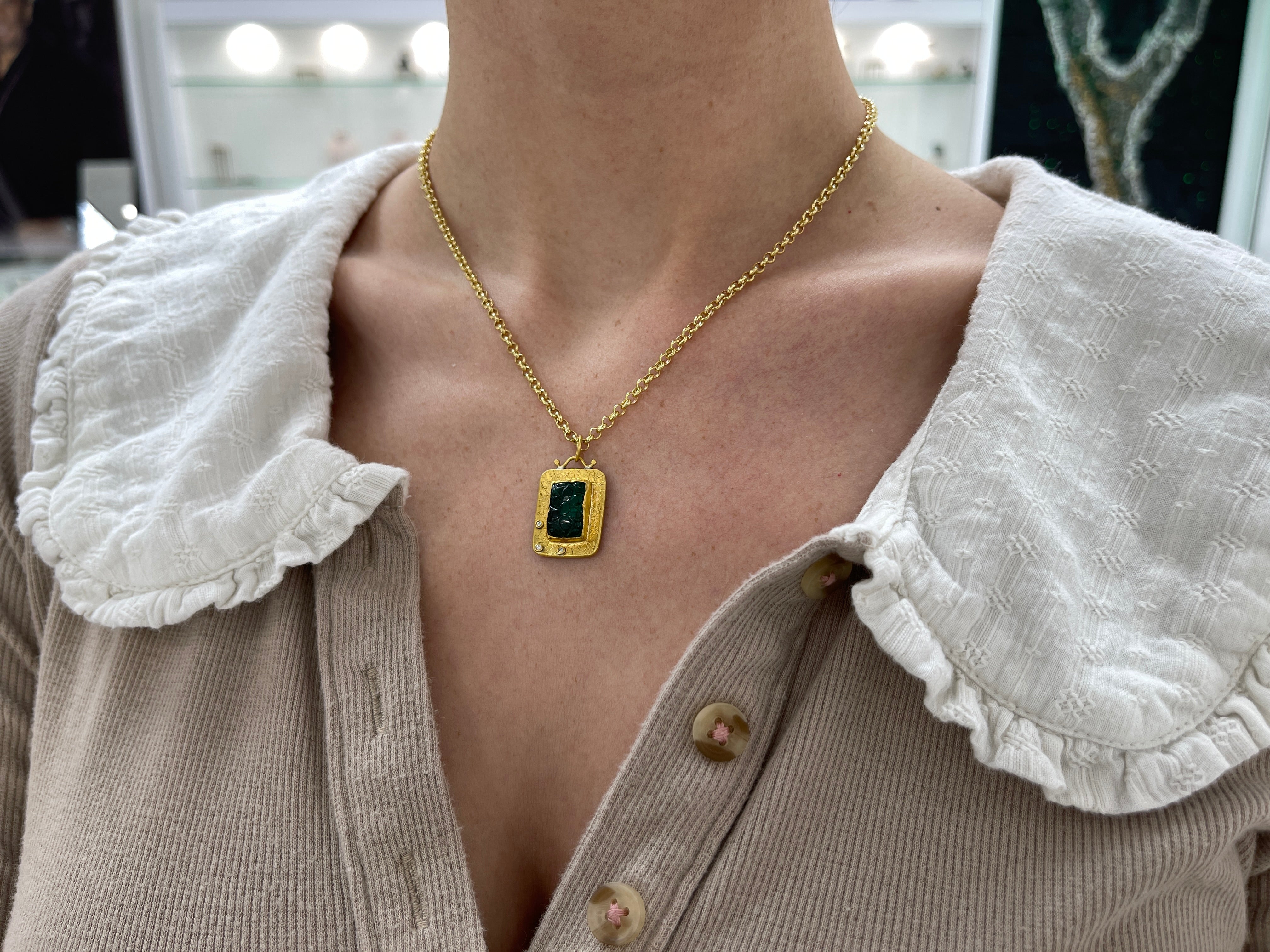 6.35 Carat Floral Hand-Carved Emerald & Diamond 24K Gold Pendant Necklace for Women | Elegant Jewelry Gift for Anniversary, Wedding & Special Occasions