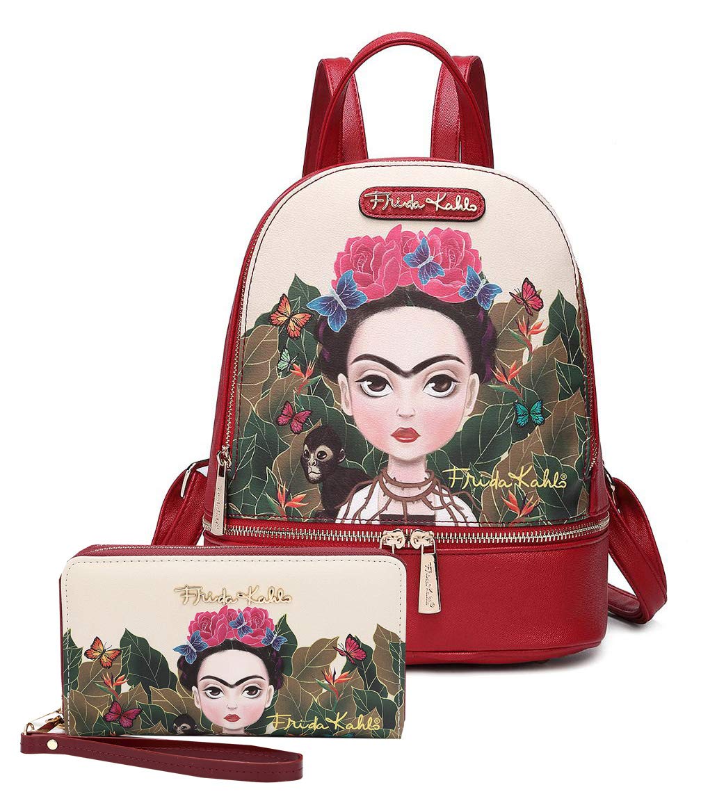 Frida Kahlo Licensed Cute Backpack and Wallet Set for Women - Trendy School Bag & Fashion Accessories for College, Travel, and Everyday Use