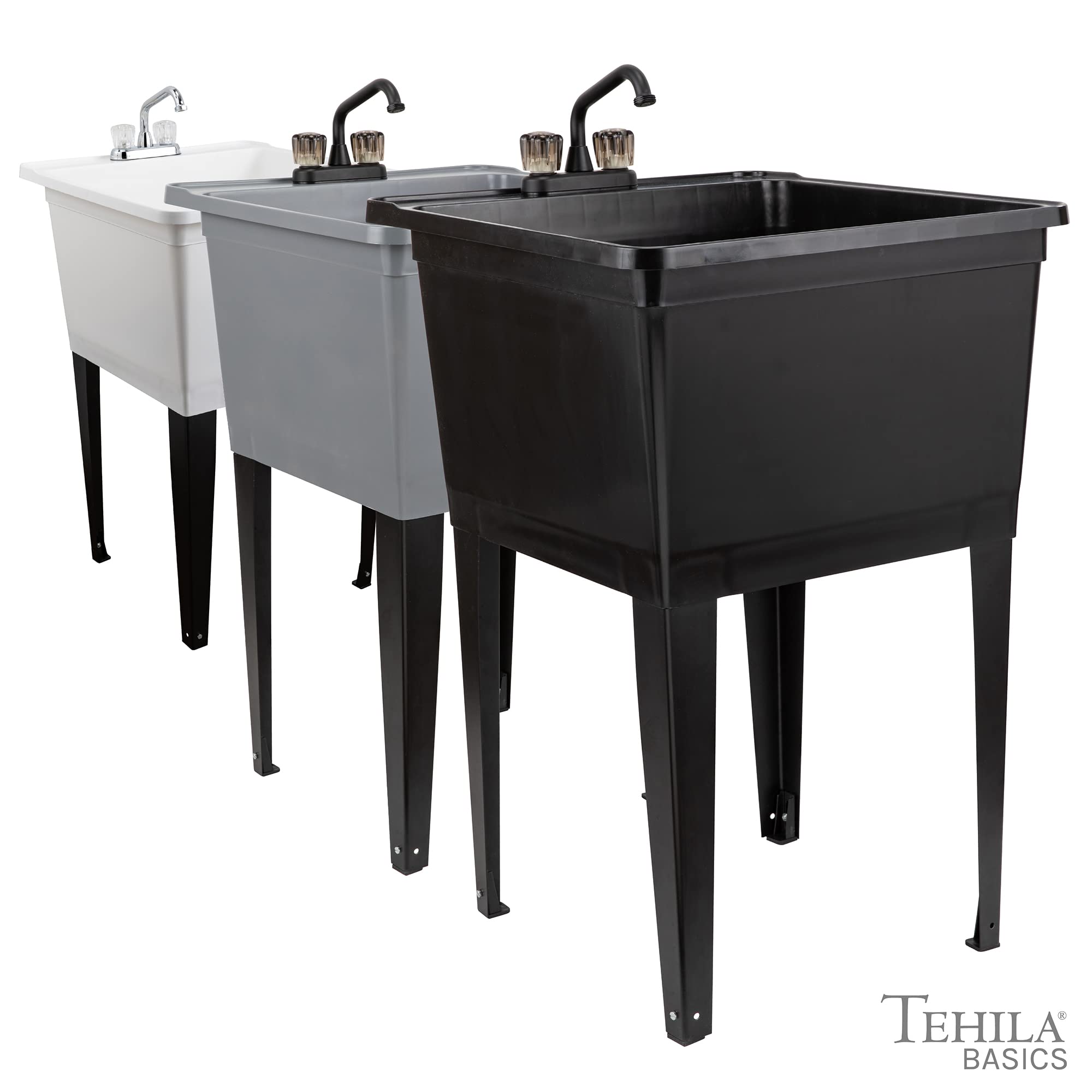Tehila Basics 21-Gallon White Utility Sink with Chrome Faucet - Heavy Duty Plastic Laundry Tub, Adjustable Legs - Perfect for Laundry Rooms, Garages & Basements