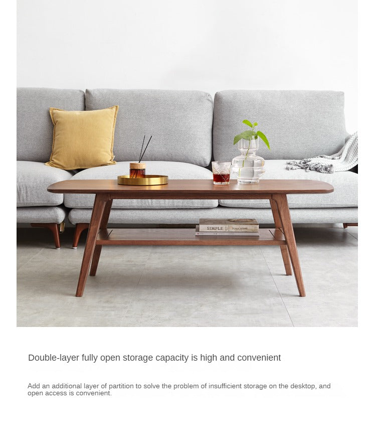 Solid Oak Wood Walnut Finish Double Layer Coffee Table - Modern Living Room Furniture for Home Decor & Small Space