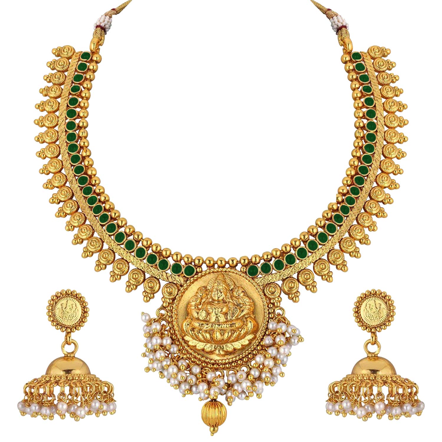 Authentic Indian Temple Necklace & Jhumka Dangle Earrings Set with Faux Stones - Traditional Bollywood Wedding Jewelry Gift for Women - Perfect for Bridal, Festive & Cultural Events