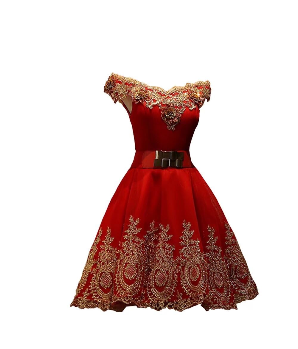 Elegant Gold Lace Belt Off-Shoulder Short Prom Dress with Cap Sleeves for Homecoming & Graduation 2025 | Perfect for Formal Dances, Parties and Special Occasions