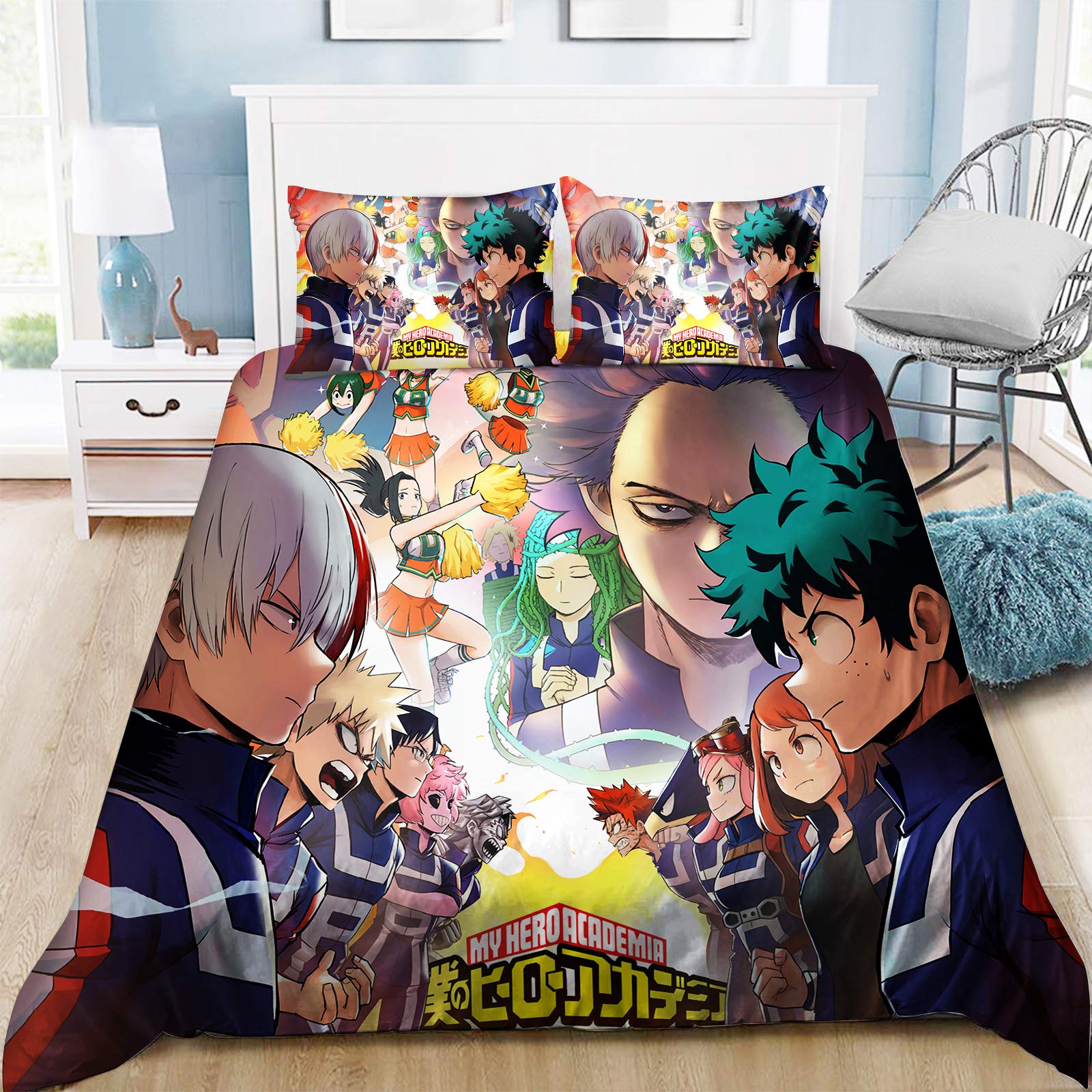 LUNK Boku No My Hero Academia 3-Piece Ultra Soft Microfiber Bedding Set - 1 Comforter & 2 Pillowcases - Breathable Anime Bed Sheets & Duvet Cover - Twin/Full/Queen/King Size - Perfect for Anime Fans' Bedroom Decor & Gift Idea