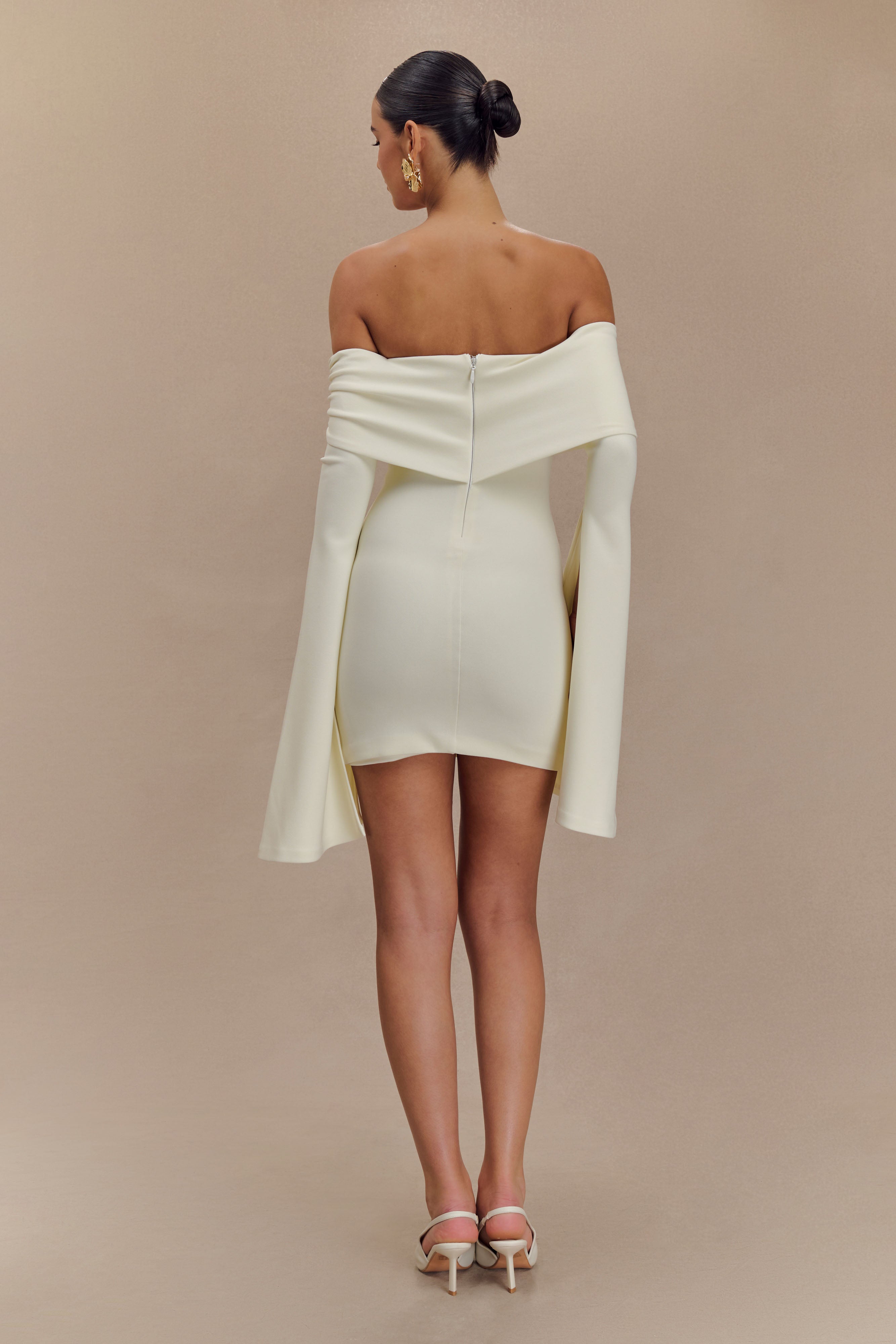 Dominique Off Shoulder Long Sleeve Mini Dress - Ivory | Elegant Party & Date Night Outfit for Women | Perfect for Weddings, Cocktails & Special Occasions