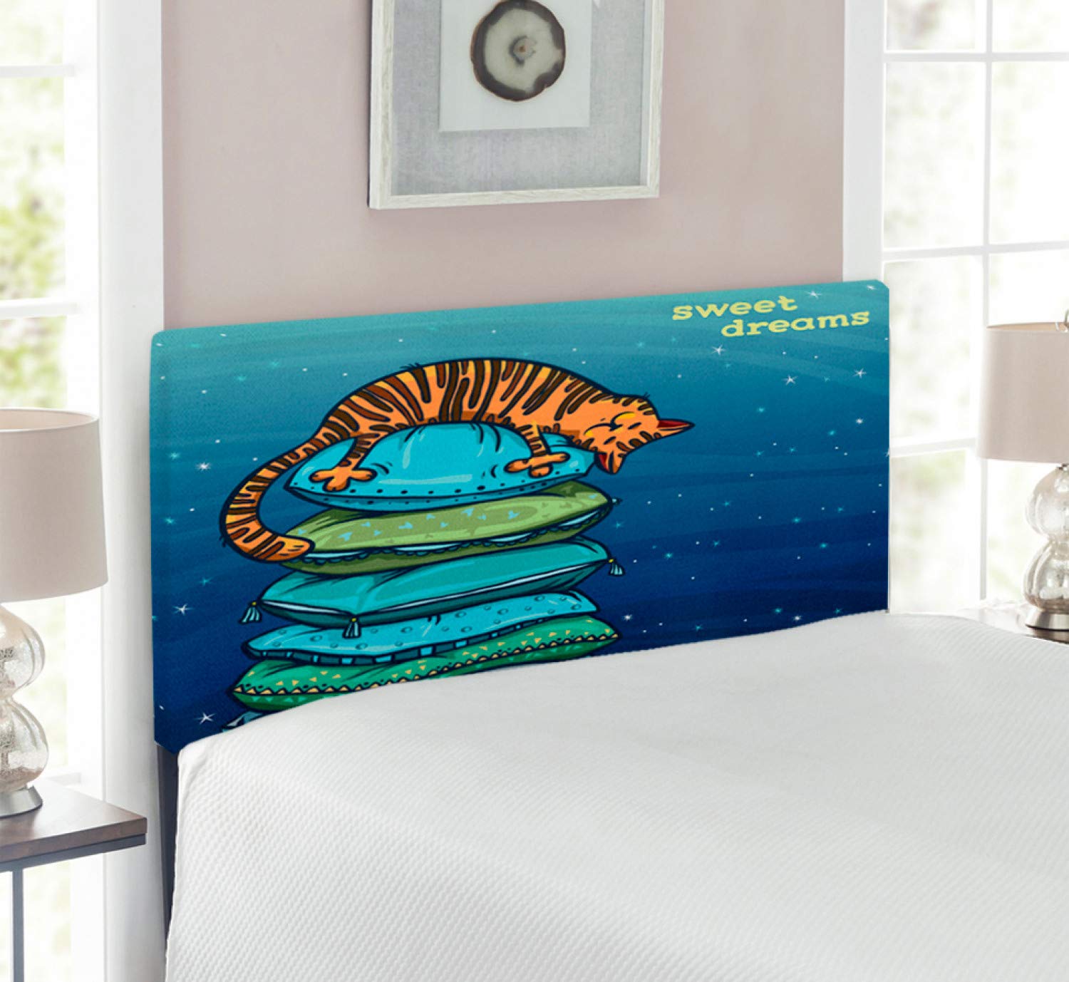 Lunarable Cat Headboard - Tabby Kitten Sleeping on Tower with Starry Night Dreams Print | Upholstered Decorative Metal Bed Frame with Memory Foam | Twin Size Multicolor Headboard for Kids' Bedroom & Cozy Pet-Themed Decor