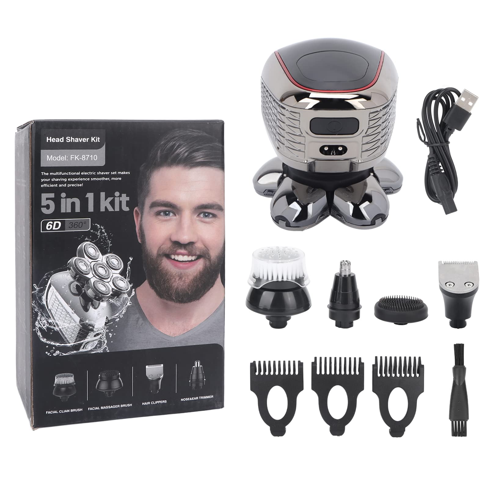 Ciciglow 5-in-1 Electric Head Shaver for Men - Cordless Rechargeable Bald Head Razor with Nose Trimmer, Brush & Massager - Waterproof Multifunctional Trimmer for Shaving, Grooming & Travel Use