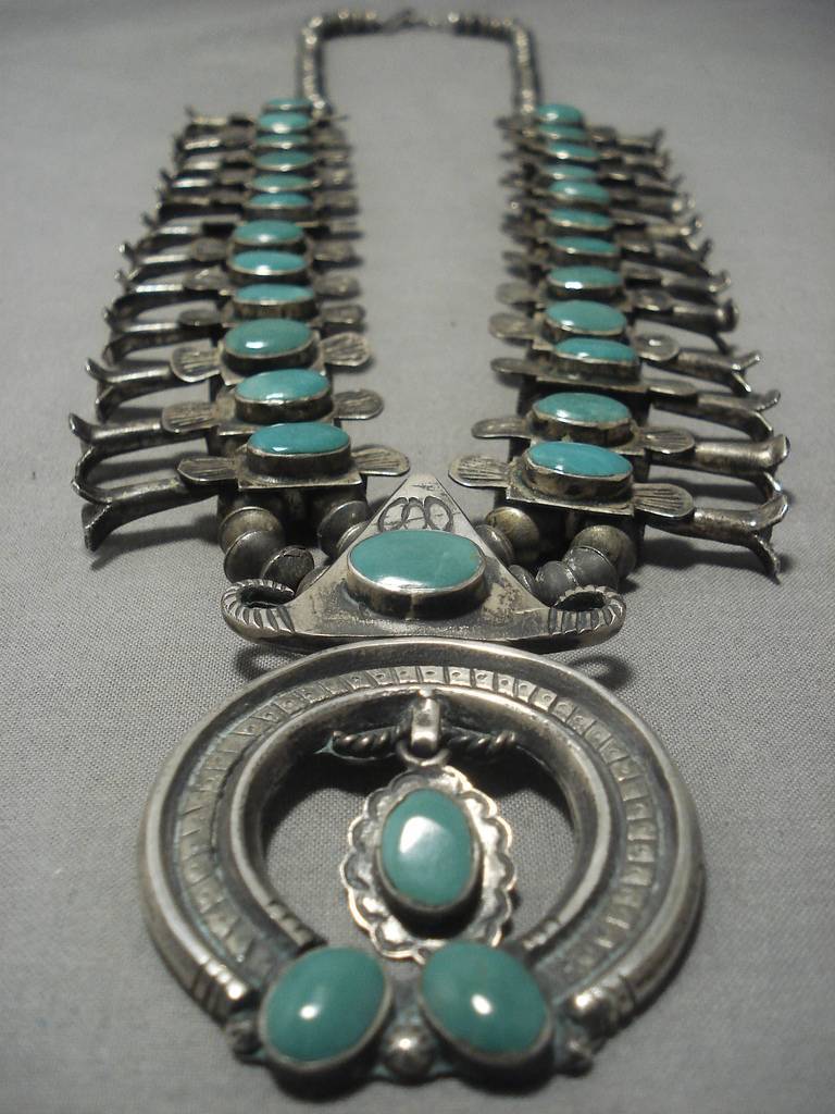 Vintage 1940s Navajo Native American Squash Blossom Necklace - Sterling Silver with Royston Turquoise | Southwest Jewelry for Women, Boho Fashion Accessory, Wedding & Special Occasion Gift