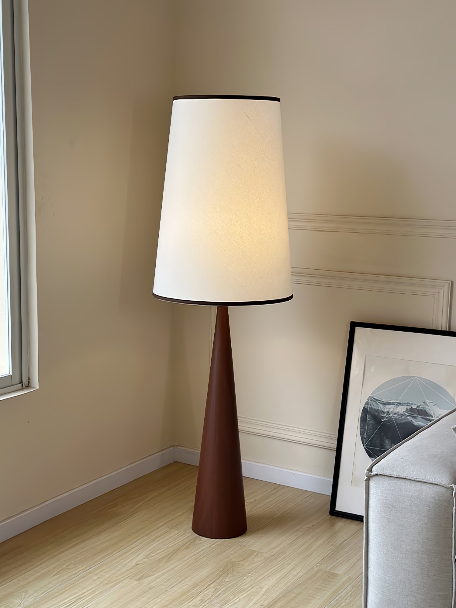 Modern Faux Wood Conical Floor Lamp - Adjustable Height Standing Light for Living Room, Bedroom & Office - Warm White LED Lighting for Cozy Ambience
