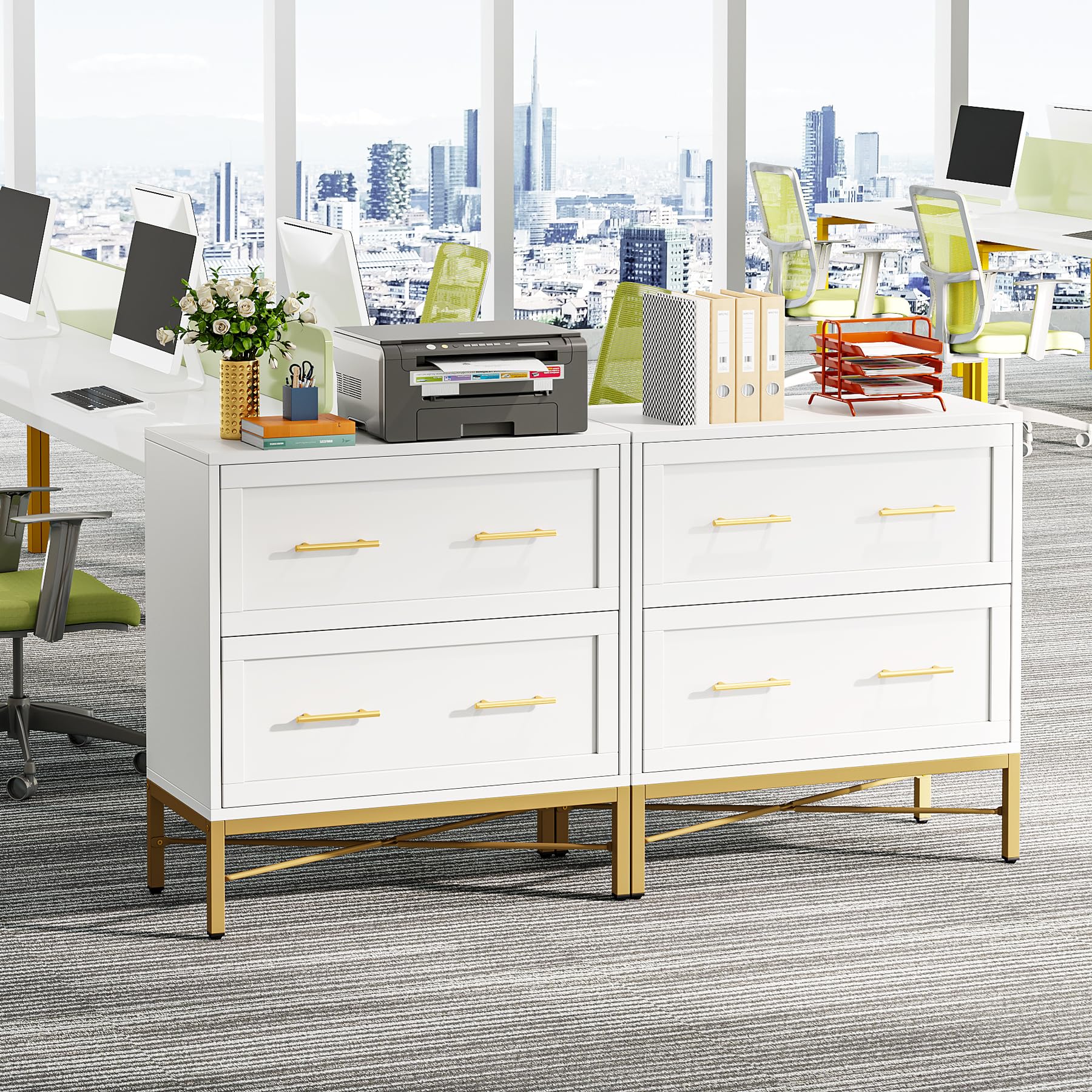 Tribesigns 2-Drawer White & Gold File Cabinet - Modern Lateral Filing Cabinet for Letter/Legal/A4 Documents - Wood Storage Cabinet with Printer Stand for Home & Office - Perfect for Organizing Files, Office Supplies & Workspace Essentials