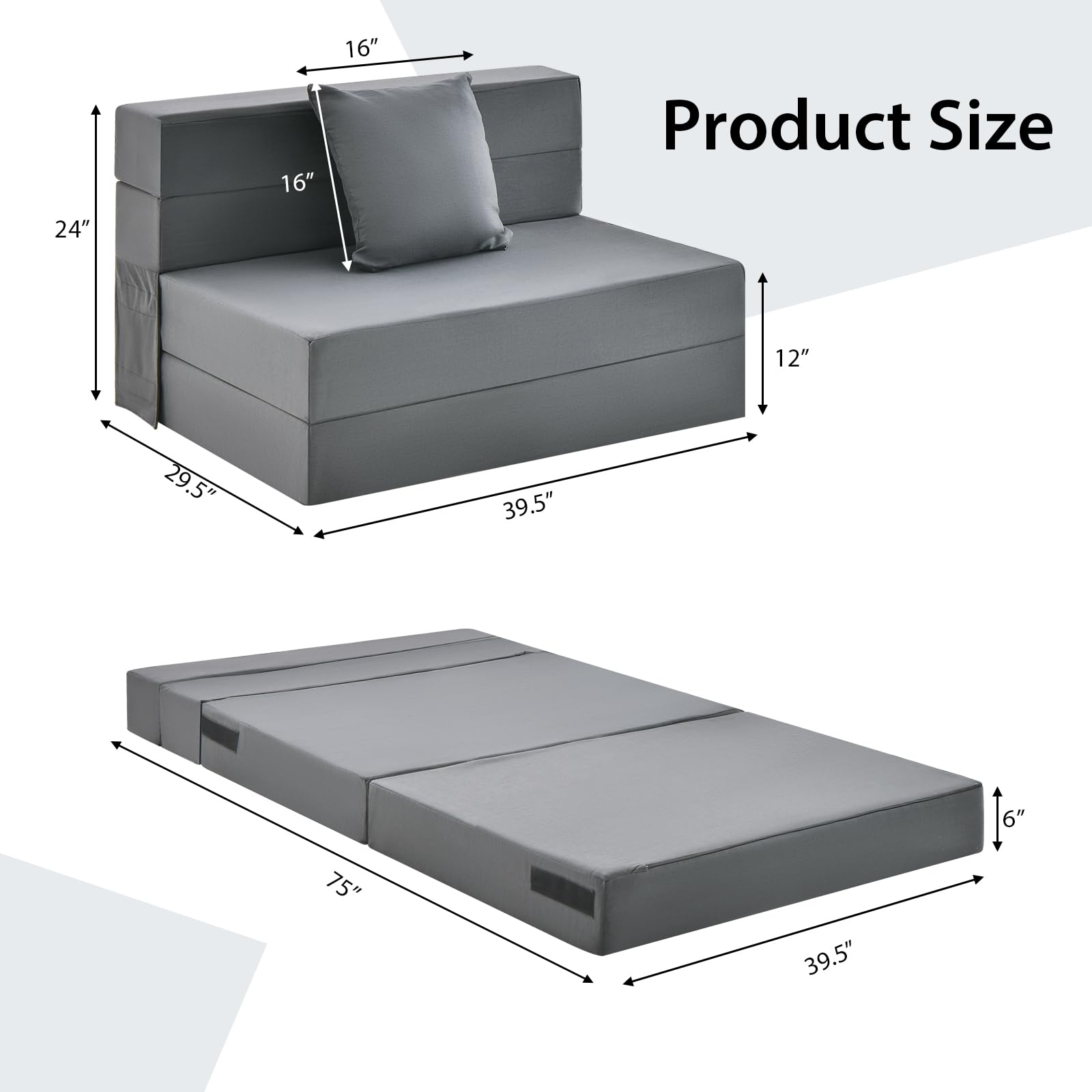 Giantex 6 Inch Tri-Fold Folding Sofa Bed with High-Density Foam Mattress & Removable Washable Cover - Portable Floor Couch with Pillow & Headrest for Guest Room, Small Space, Dorm, Apartment - Dark Grey