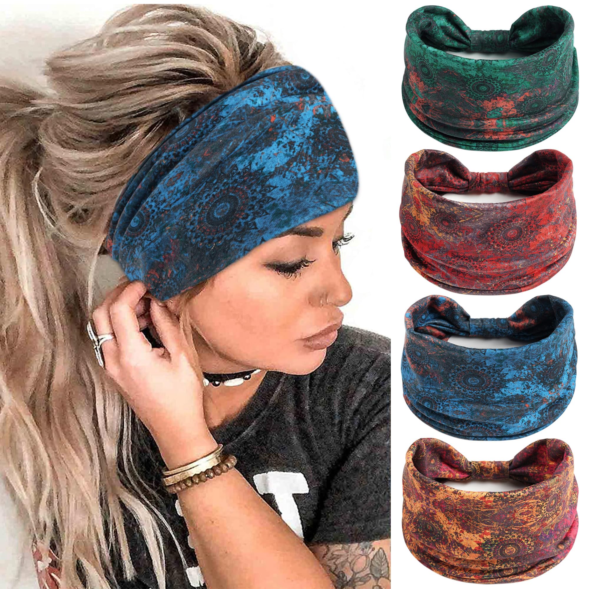 FULZTEY Fashion Boho Headbands for Women - 4PCS Knotted Wide Hair Bands, Soft Fabric Bandanas, Non-Slip Elastic Headwraps for Workout, Sports & Sweat - Stylish Hair Accessories for Teen Girls & Women | Perfect for Yoga, Running, Gym & Everyday Wear