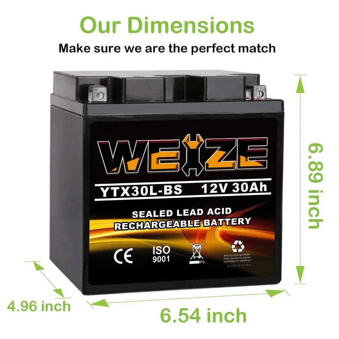 WEIZE YTX30L BS 12V 30Ah Sealed AGM Motorcycle Battery - Replacement for Yuasa YIX30L & ETX30L BS - Maintenance Free, High Performance - Compatible with Harley Davidson, Polaris Sportsman - Perfect for Cruisers, ATVs, and Off-Road Vehicles