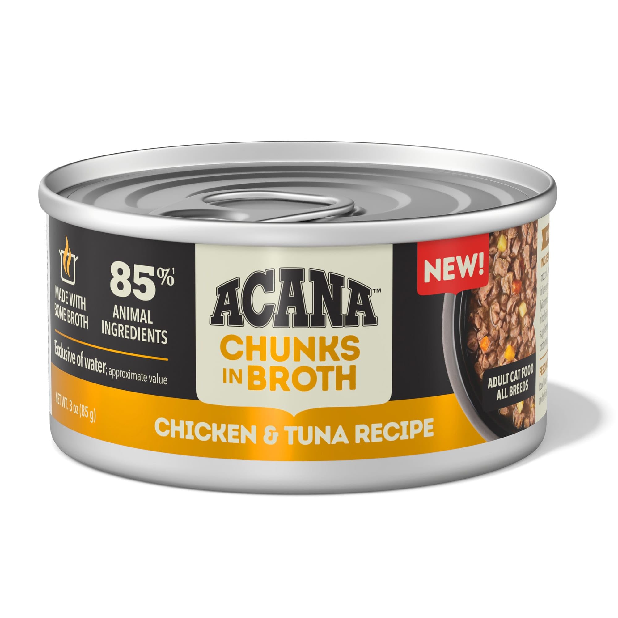 ACANA Chunks in Broth Chicken & Tuna Recipe Wet Cat Food - 3oz Cans (Pack of 12) - High Protein Grain-Free Cat Food for Adult & Senior Cats - Perfect for Picky Eaters & Mealtime Enrichment