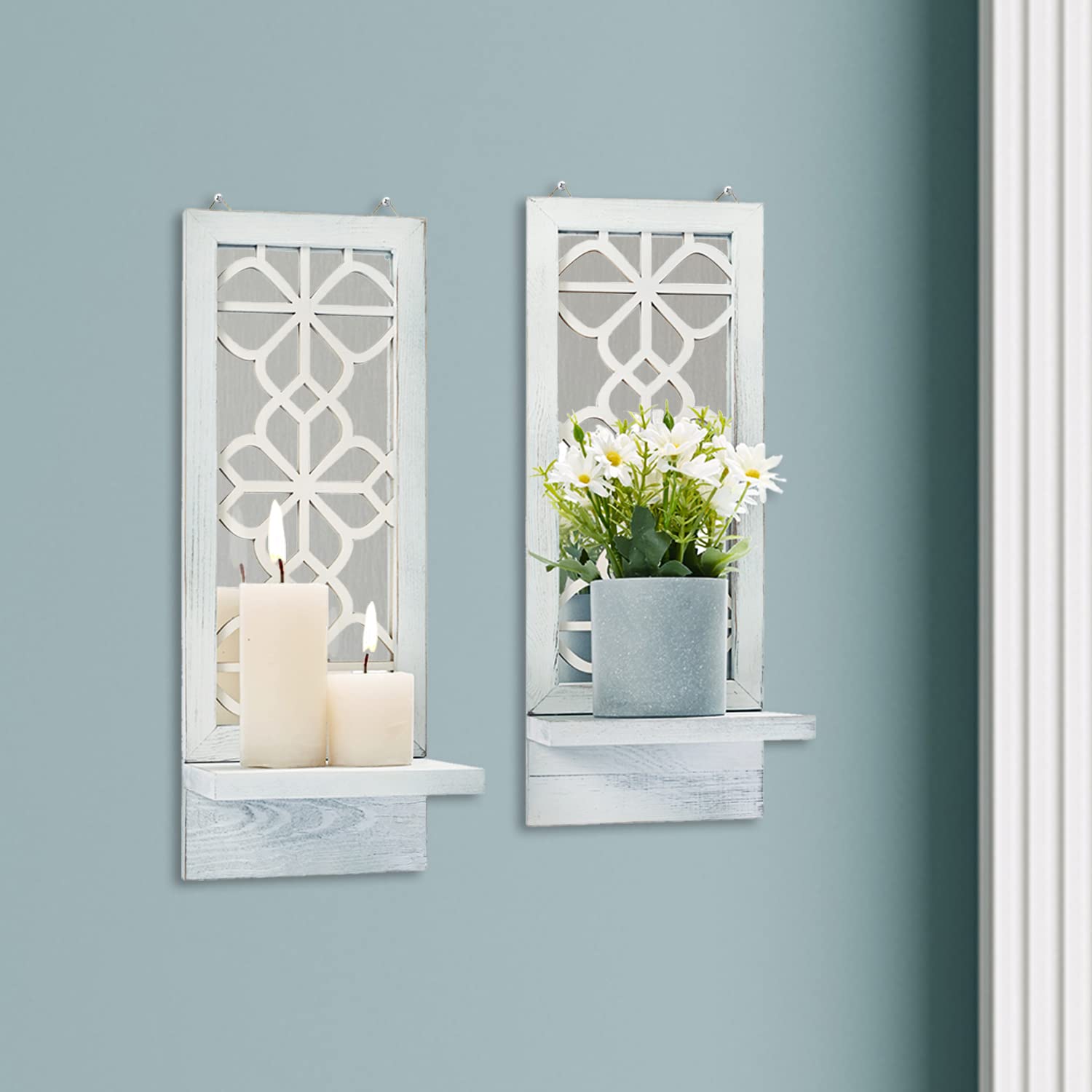 Rustic Farmhouse Wall Candle Sconces Set of 2 - White Floating Mirror Wall Decor for Living Room, Dining Room, Bedroom & Bathroom | Perfect for Cozy Home Ambiance, Wedding Decor and Holiday Lighting