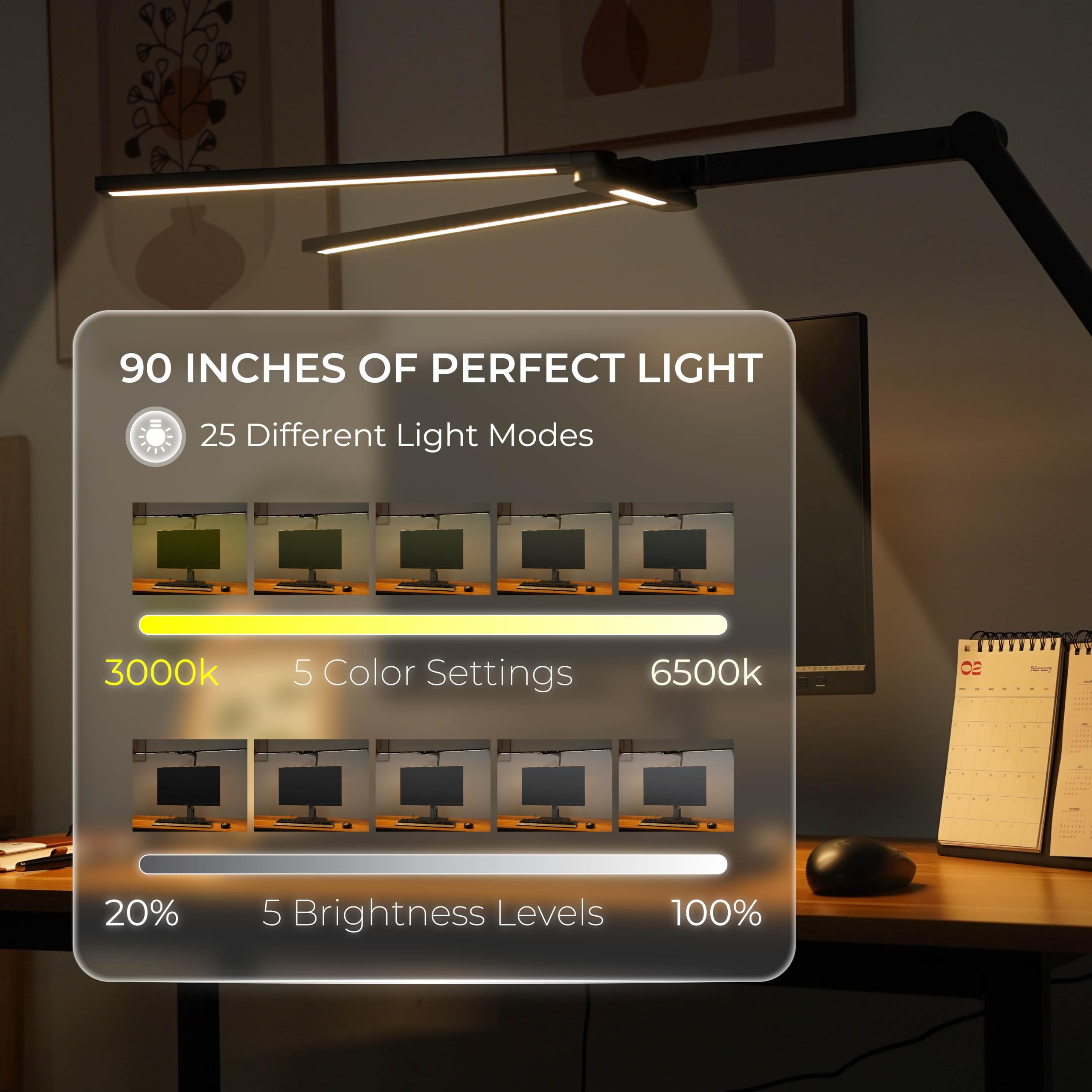 Modern LED Desk Lamp with Clamp - Adjustable Architect-Style Arms & Wide Monitor Light Bar for Dual Screens | Touch Control & Auto-Dimming | Perfect for Home Office, Gaming & Study | Includes Blue Light Blocking Glasses Gift