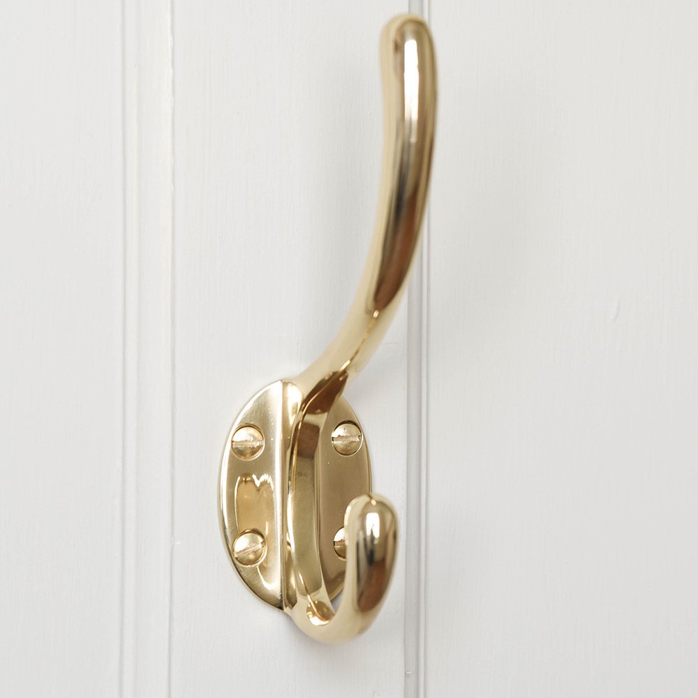 Polished Brass Double Hat & Coat Hook - Heavy Duty Large Wall Mounted Hooks for Entryway, Bathroom & Bedroom Organization