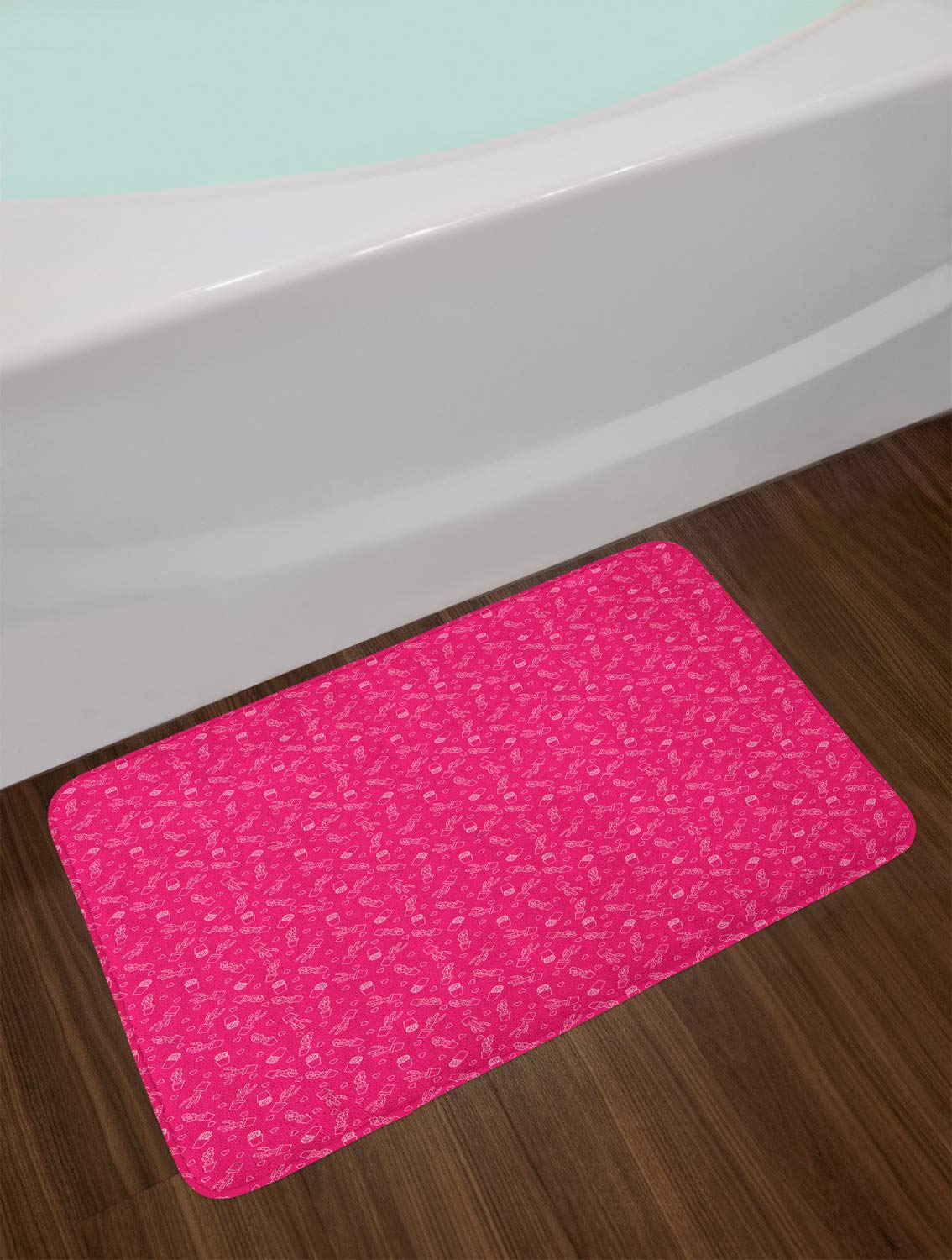 Ambesonne Non-Slip Plush Bath Mat - Hand Drawn Cactus & Heart Valentine's Design, 30.2 x 20 Inches, Magenta & White - Soft Bathroom Rug for Valentine's Day Gifts, Home Decor & Spa Style Bathrooms
