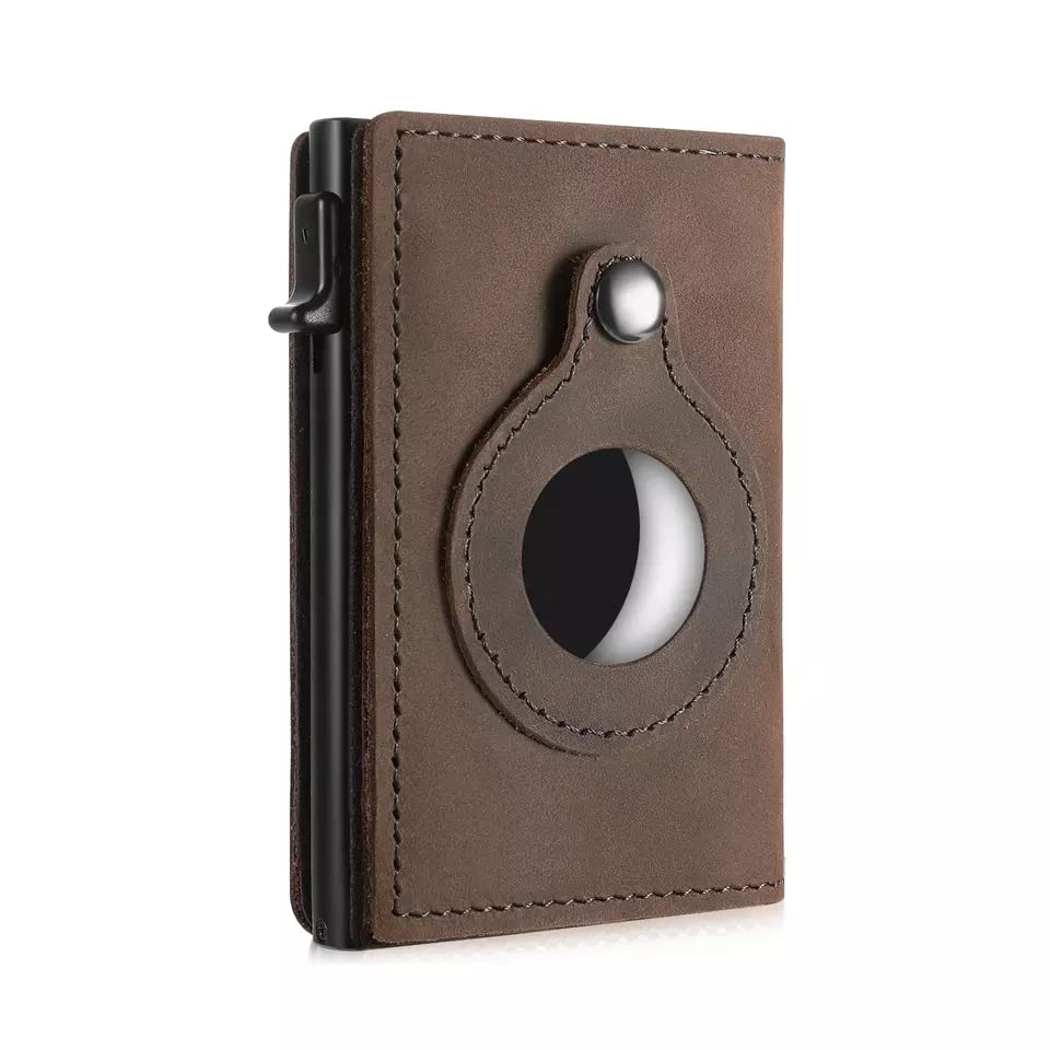 JAT Leather Airtag Wallet for Men - Genuine Crazy Horse Leather RFID Blocking Bifold Wallet with Automatic Pop-Up & Magnetic Closure (Brown) - Perfect for Everyday Carry, Travel & Gift Giving