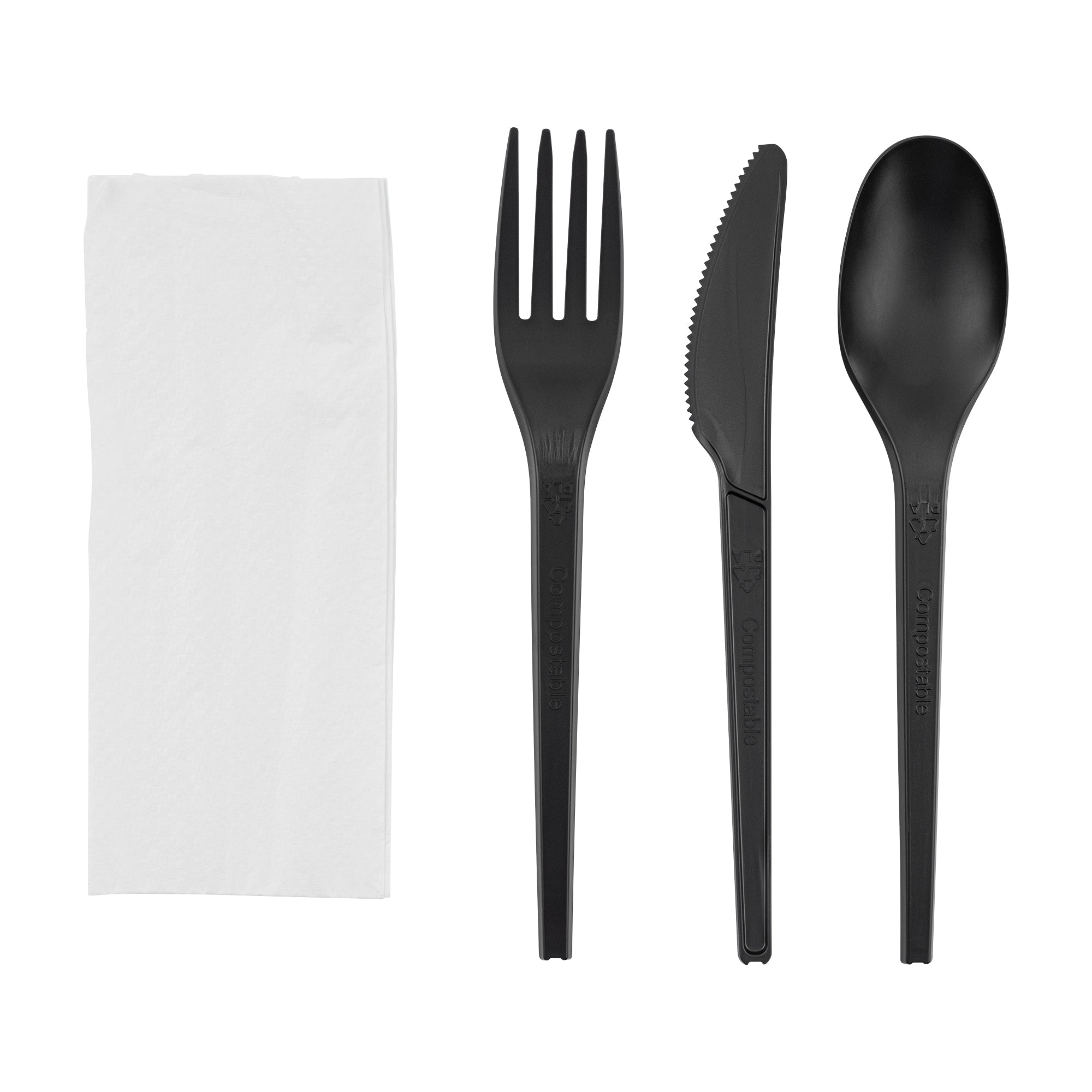 Eco-Friendly Black CPLA Plastic Cutlery Set - 100-Piece Compostable Utensils with Heat-Resistant Forks, Knives & Spoons | Includes Biodegradable Wrapper & White Napkins | Perfect for Parties, Picnics & Takeout Meals