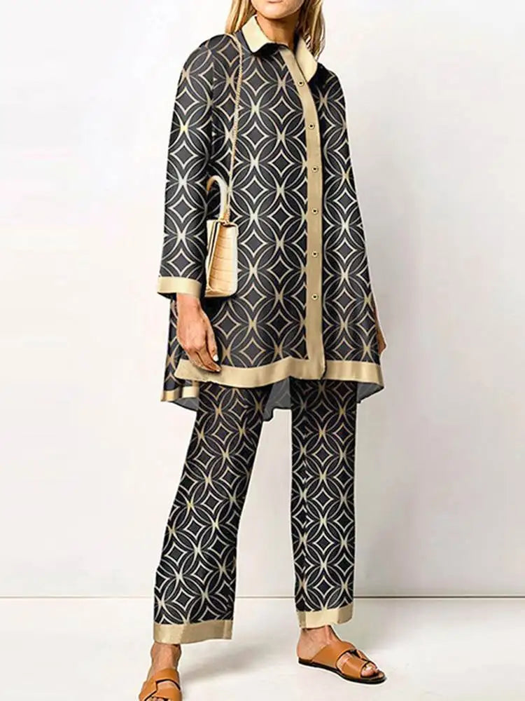 ZANZEA Women's Retro Printed 2-Piece Pant Set - Long Sleeve Lapel Shirt & Elegant Trousers Outfit | 2023 Fashion Tracksuit for Holiday & Casual Wear