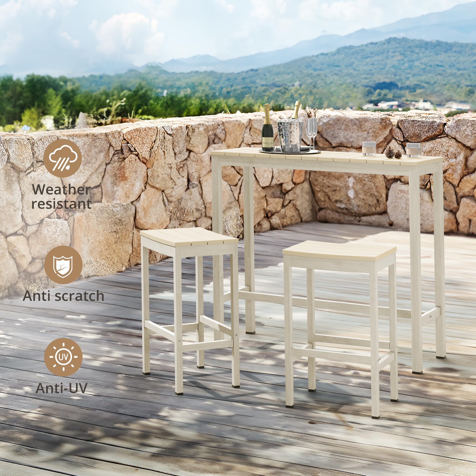 Outdoor Bar Height Table and Chairs Set - 3 Piece Patio Pub Set with 45