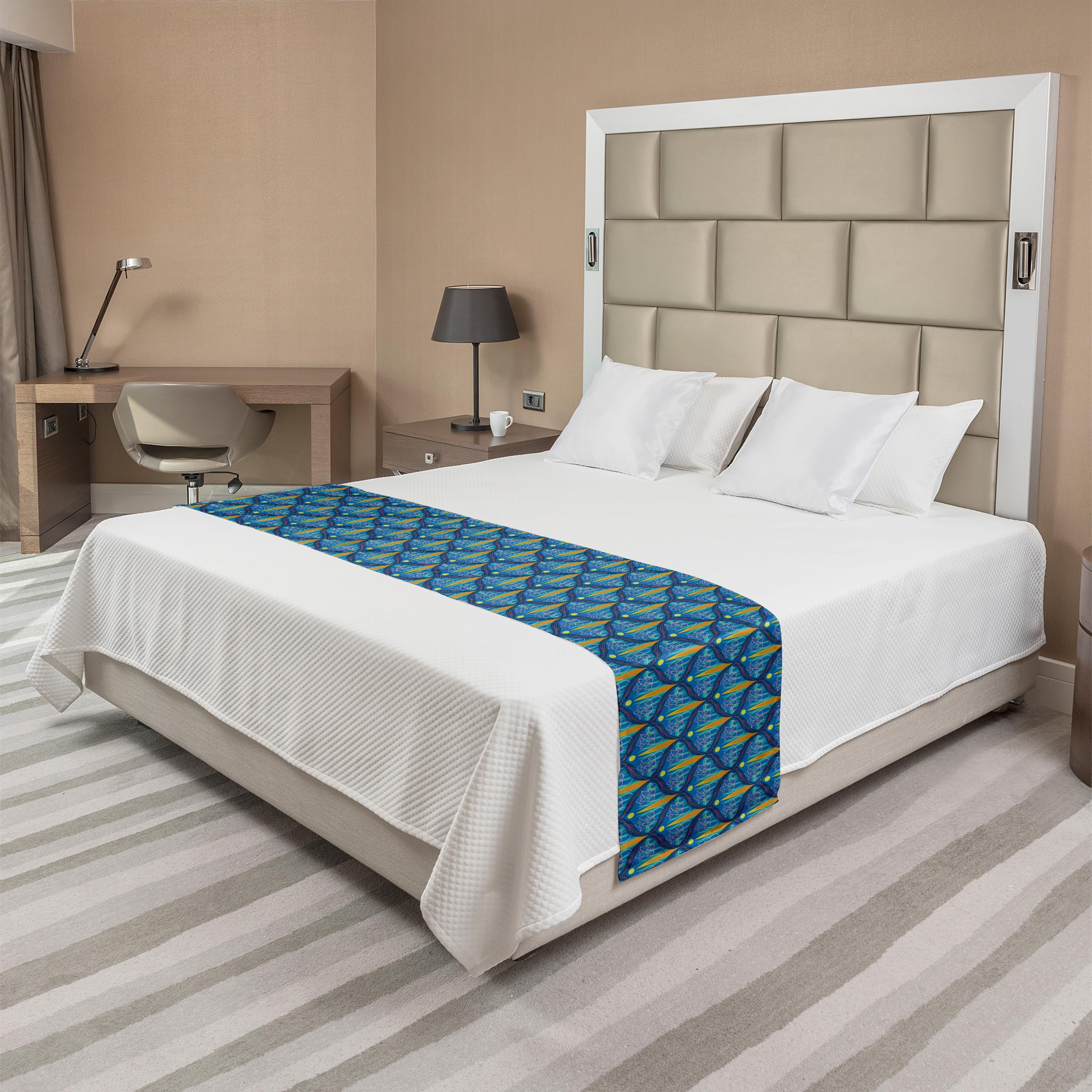 Ambesonne Antique Oriental Bed Runner - Bohemian Tulip Blossom Design with Retro Curly Frames, Decorative Bed Scarf for King Size Beds | Perfect for Hotels, Homes & Guest Rooms (Violet Blue & Ginger) | Adds Elegant Bohemian Style to Bedroom Decor