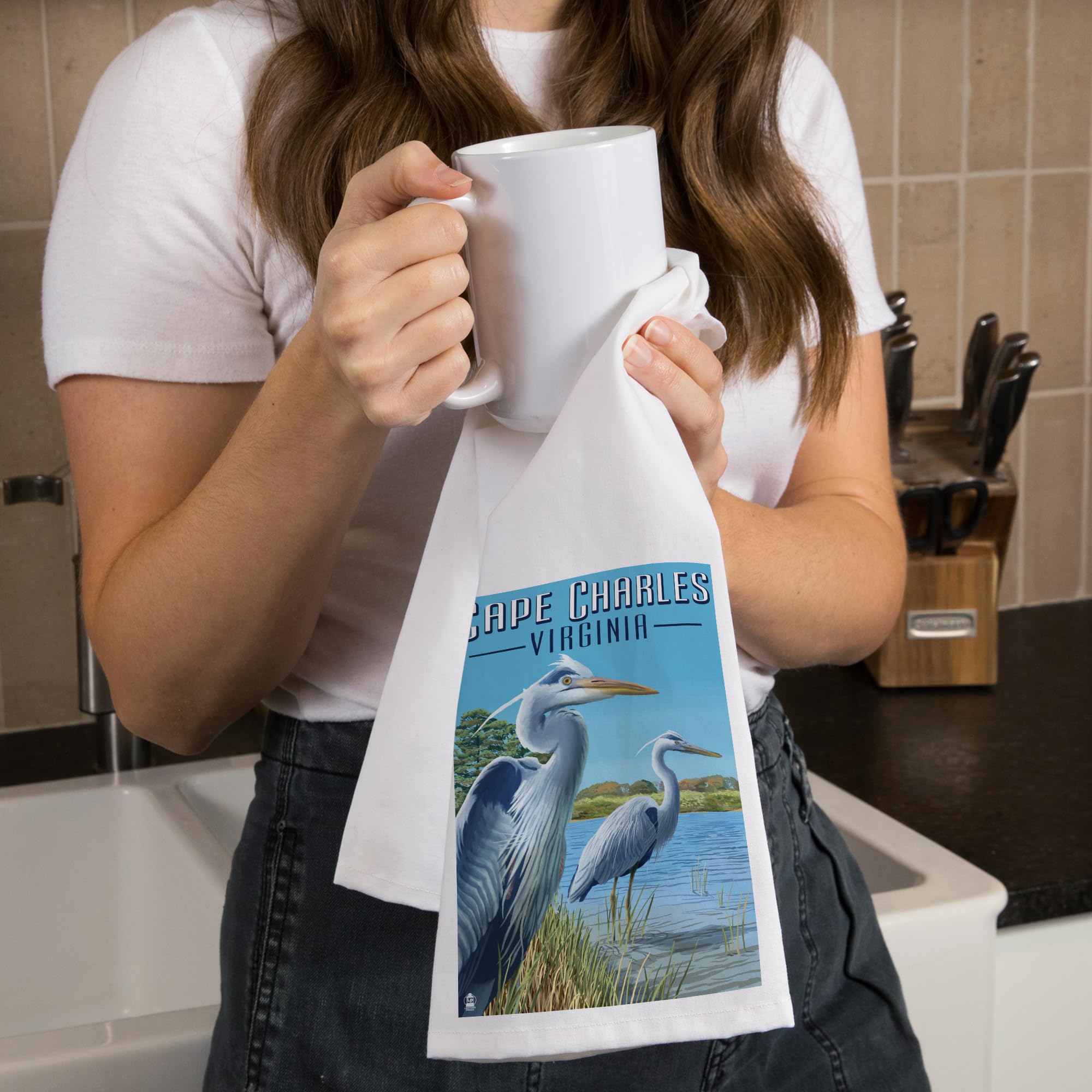 Lantern Press Cape Charles Virginia Blue Heron Tea Towel - 100% Cotton Decorative Hand Towel for Kitchen & Home - Perfect for Dish Drying, Gift Giving & Coastal Decor
