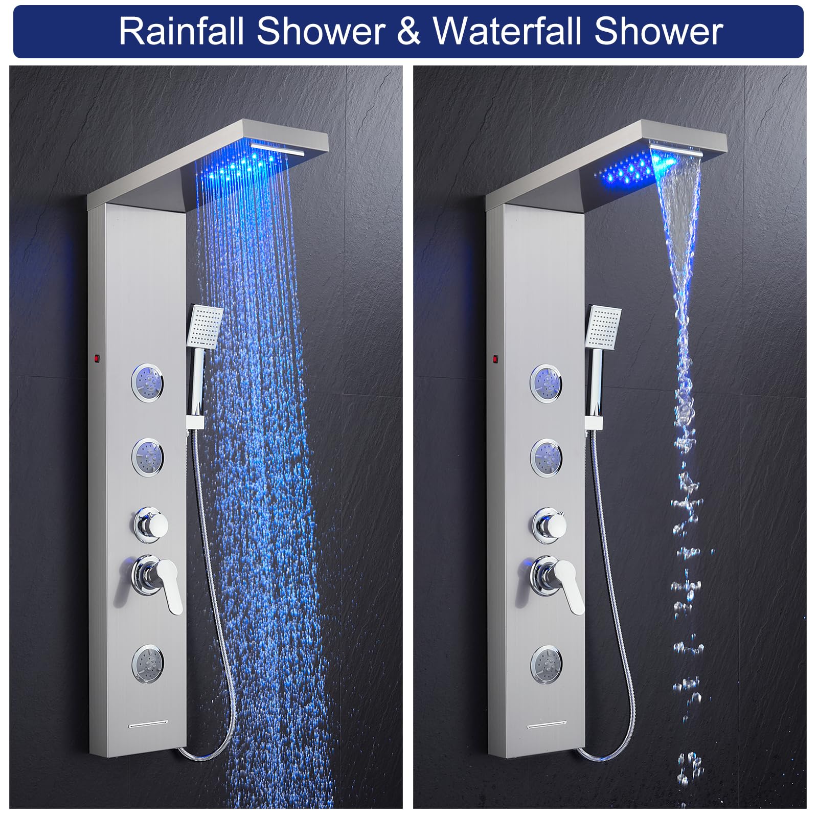 ROVATE 5-in-1 Brushed Stainless Steel LED Shower Panel Tower System - Rainfall, Waterfall, Massage Jets & Handheld Shower Combo - High Pressure Bathroom Upgrade for Spa-Like Experience