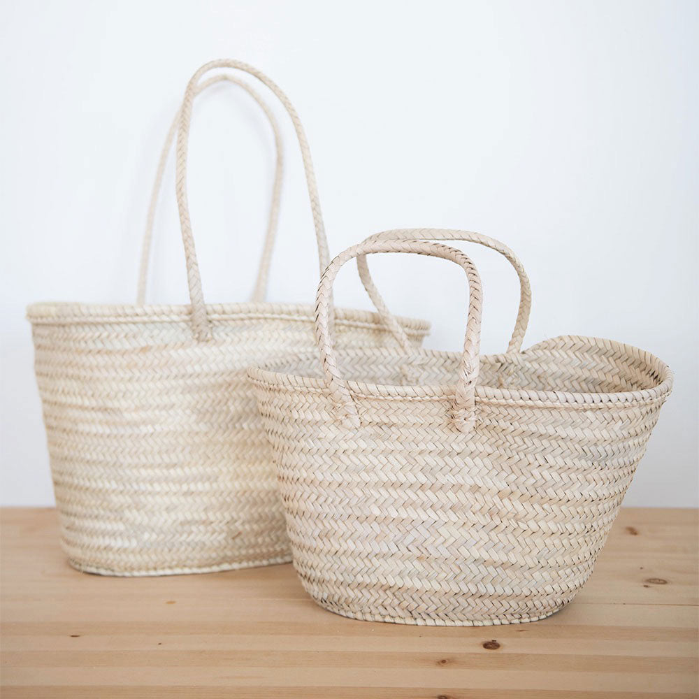 Handwoven Moroccan Palm Leaf Basket with Long Handles - Eco-Friendly Storage & Decor for Home, Beach, or Picnic Use