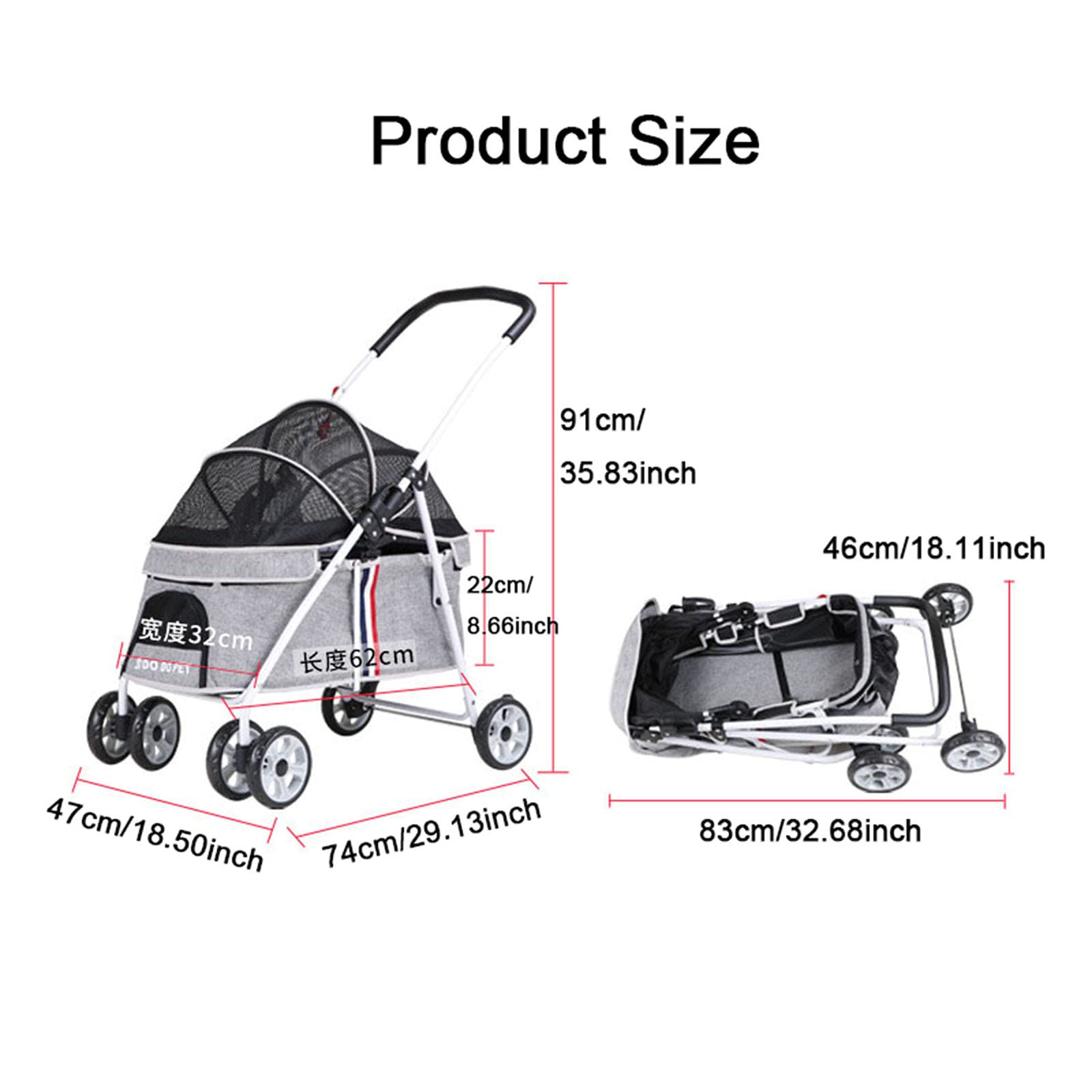 4 Wheel Pet Stroller for Medium & Small Dogs - Lightweight Foldable Design with Built-in Safety Rope & Side Pocket - Travel-Friendly Outdoor Pet Supplies (Up to 40kg) - Perfect for Park Walks, Vet Visits & Shopping Trips