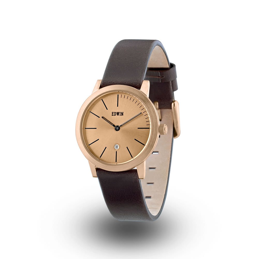 Edwin Kenny Women's Rose Gold Stainless Steel Watch with Brown Leather Band & Date Display - Elegant Dress Watch for Work, Parties & Everyday Wear