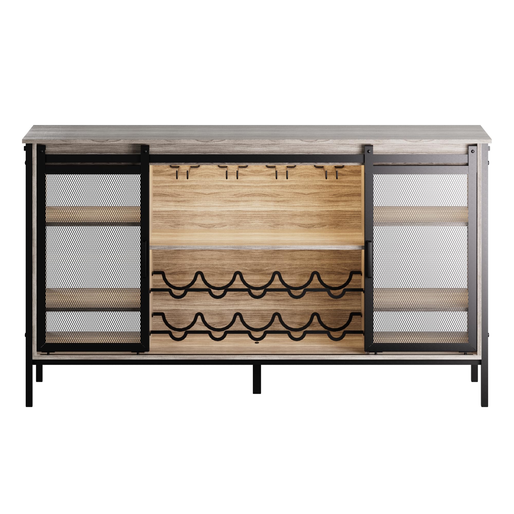 QNICE LED Industrial Wine Bar Cabinet with Sliding Barn Door - Farmhouse Sideboard Buffet Storage for Liquor, Glasses & Coffee Bar - Rustic Dark Finish for Kitchen, Dining Room & Home Bar Decor