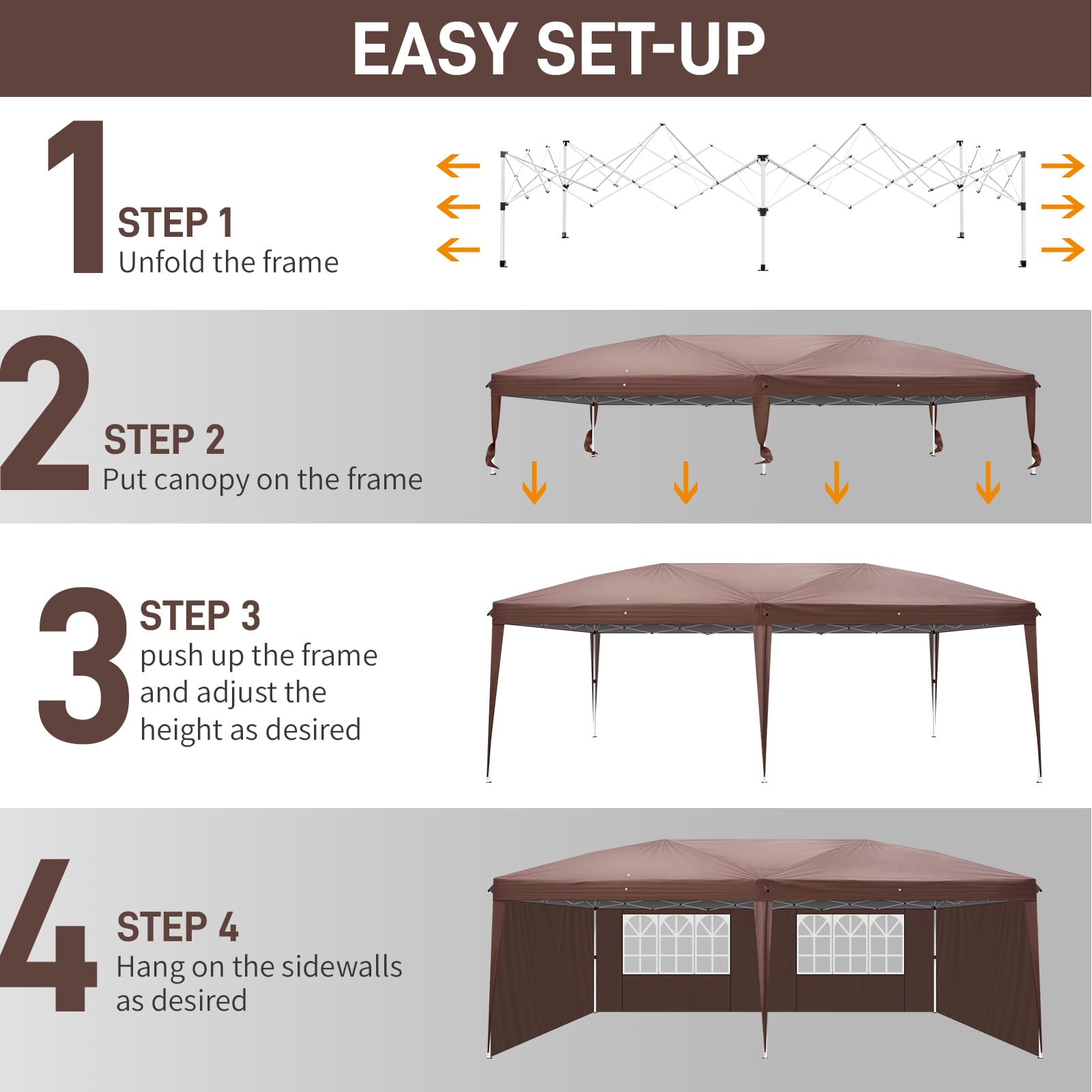Outvita 10x20ft Ez Pop Up Canopy Tent - Portable Instant Shelter with 4 Sidewalls for Outdoor Events, Parties, Weddings, Birthdays & Graduations (Brown) | Perfect for Backyard BBQs, Farmers Markets, Beach Picnics & Camping Trips