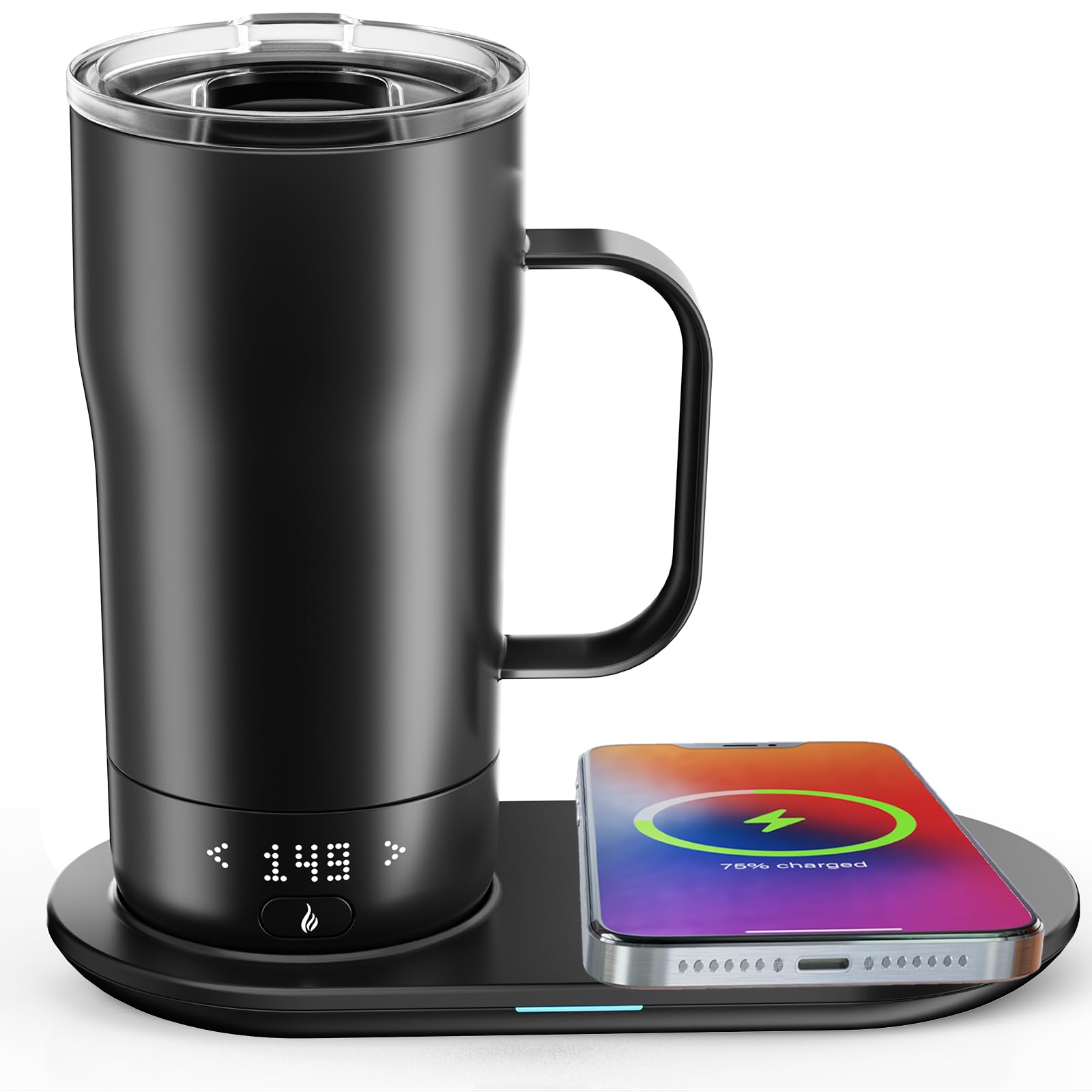 Smart Self Heating Coffee Mug 18 Oz - App Controlled Temperature Control, 5-10 Hour Battery, LED Display & Fast Wireless Charger (Iron Black) - Perfect for Office, Travel & Home Use