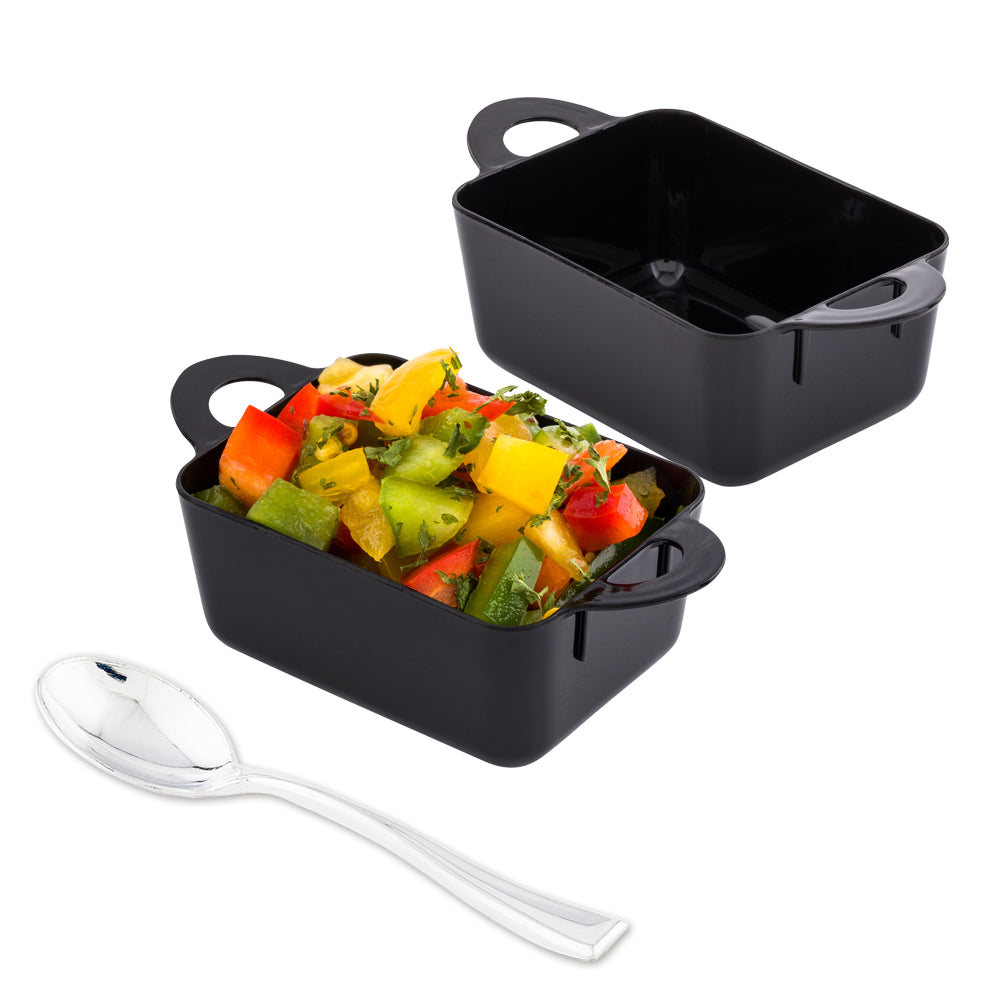 100 Pack 3 oz Rectangle Black Plastic Ramekins with 100 Silver Plastic Mini Spoons - Perfect for Desserts, Appetizers, and Party Serving