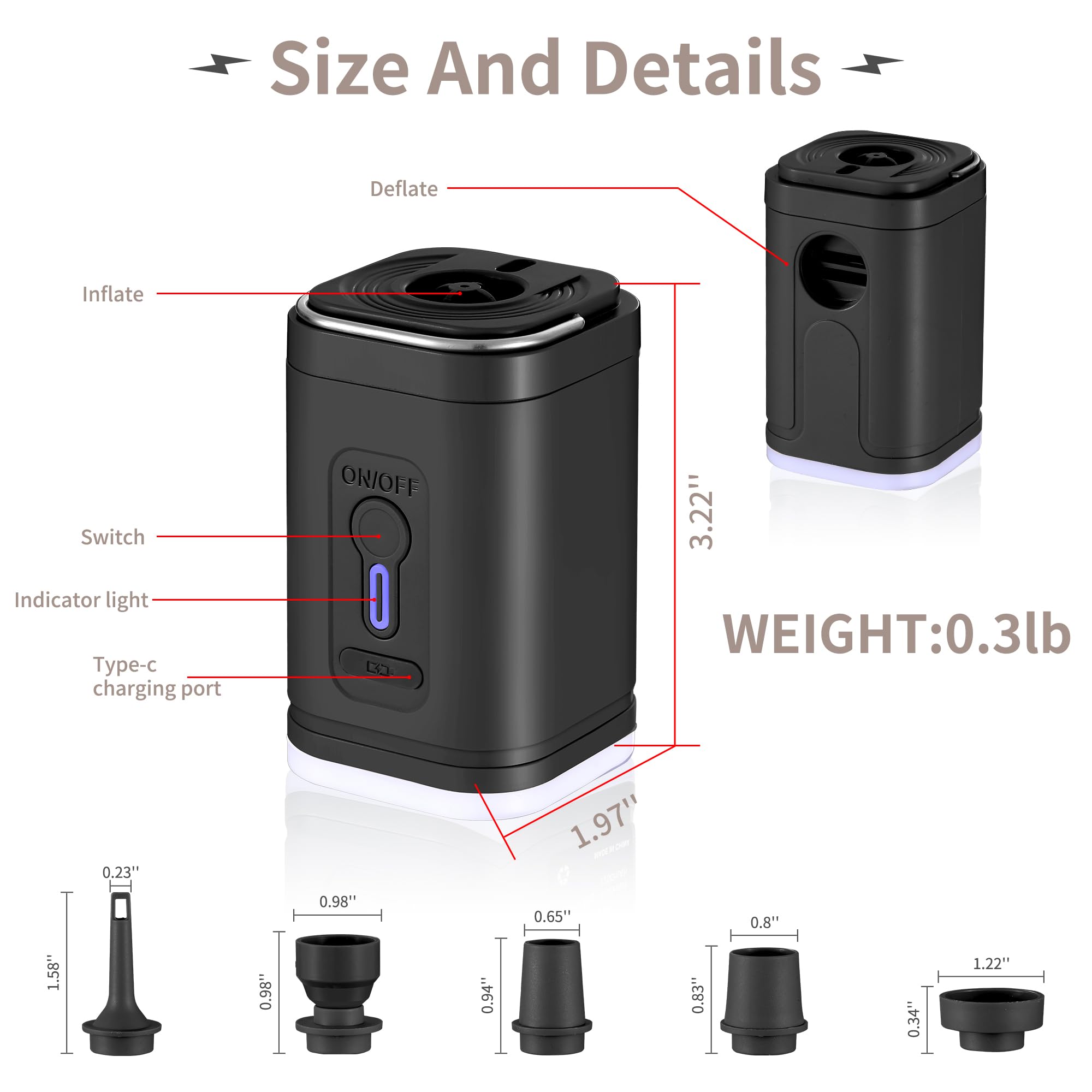 Portable Electric Air Pump for Inflatables - 5 Nozzles & 3 LED Camping Lights - Quick Inflation for Pool Floats, Air Mattresses, Yoga Balls, Beach Toys & Vacuum Storage Bags - Perfect for Camping, Travel, Home & Outdoor Activities