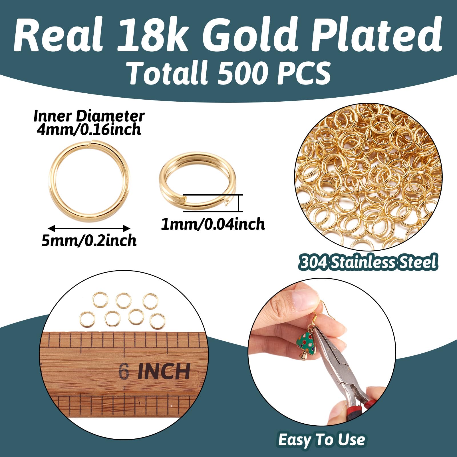 Craftdady 500Pcs 5mm Gold Stainless Steel Split Rings - Double Loop Jump Rings for Jewelry Making, Keychains, DIY Crafts & Charms - Perfect for Necklaces, Bracelets, Earrings & Handmade Gifts