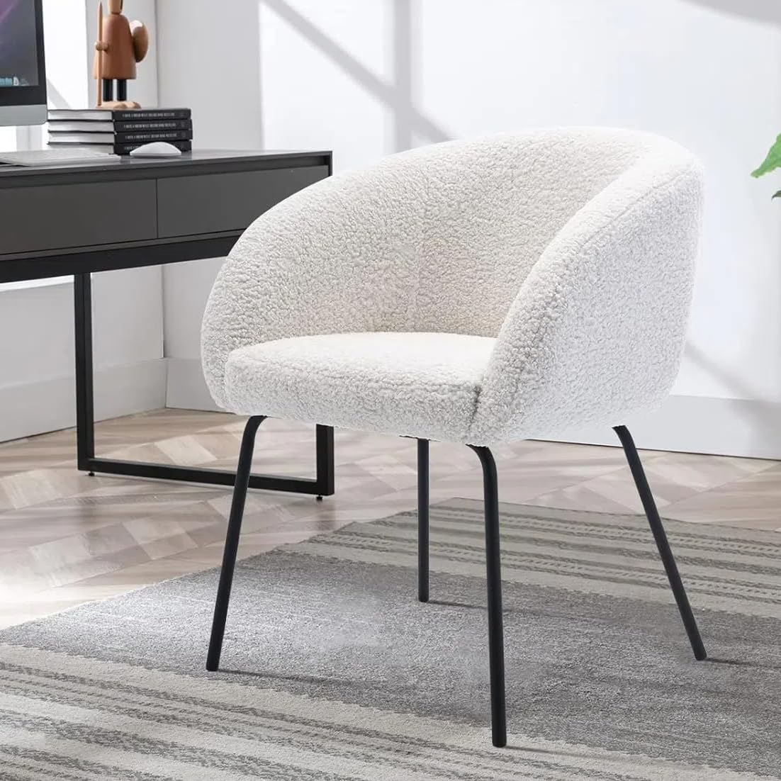 Zesthouse Modern Sherpa Desk Chair with Arms - Upholstered Vanity Chair with Back Support for Makeup, Bedroom, Living Room - Barrel Accent Armchair with Sturdy Metal Legs (No Wheels, White) - Perfect for Home Office, Dressing Room & Cozy Reading Nook