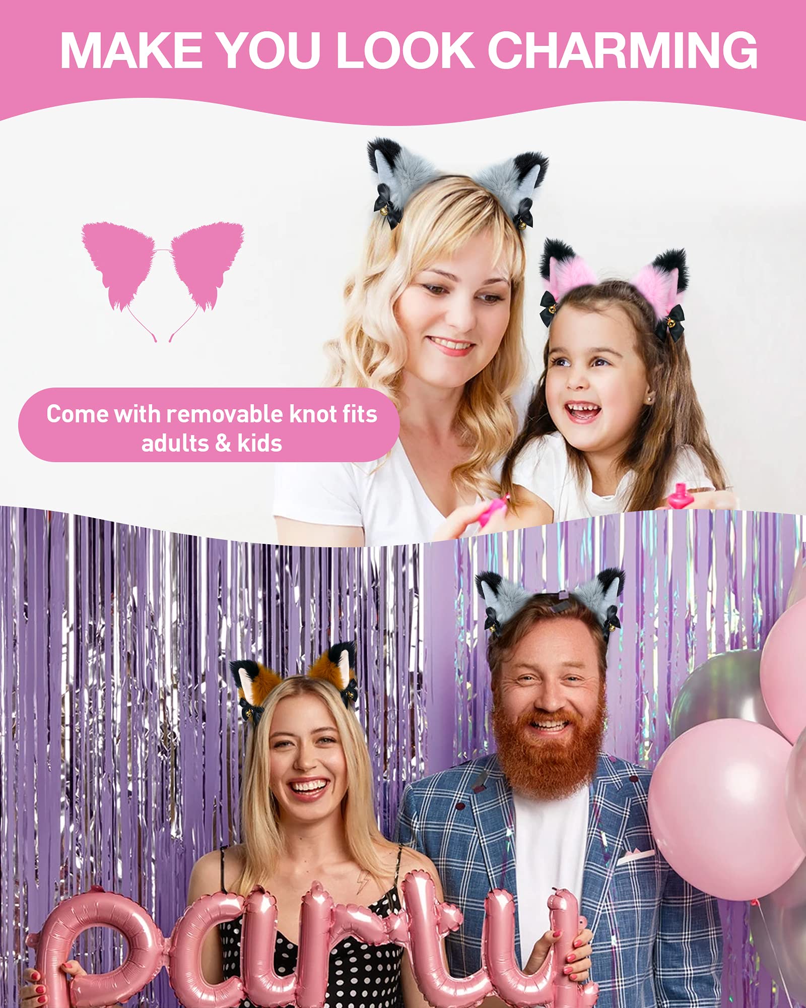 Fox Cat Ears Anime Cosplay Headband - Cute Animal Wolf Headwear with Bells for Halloween Costume, Cosplay Accessories (Pink) - Perfect for Anime Conventions, Halloween Parties, and Themed Events