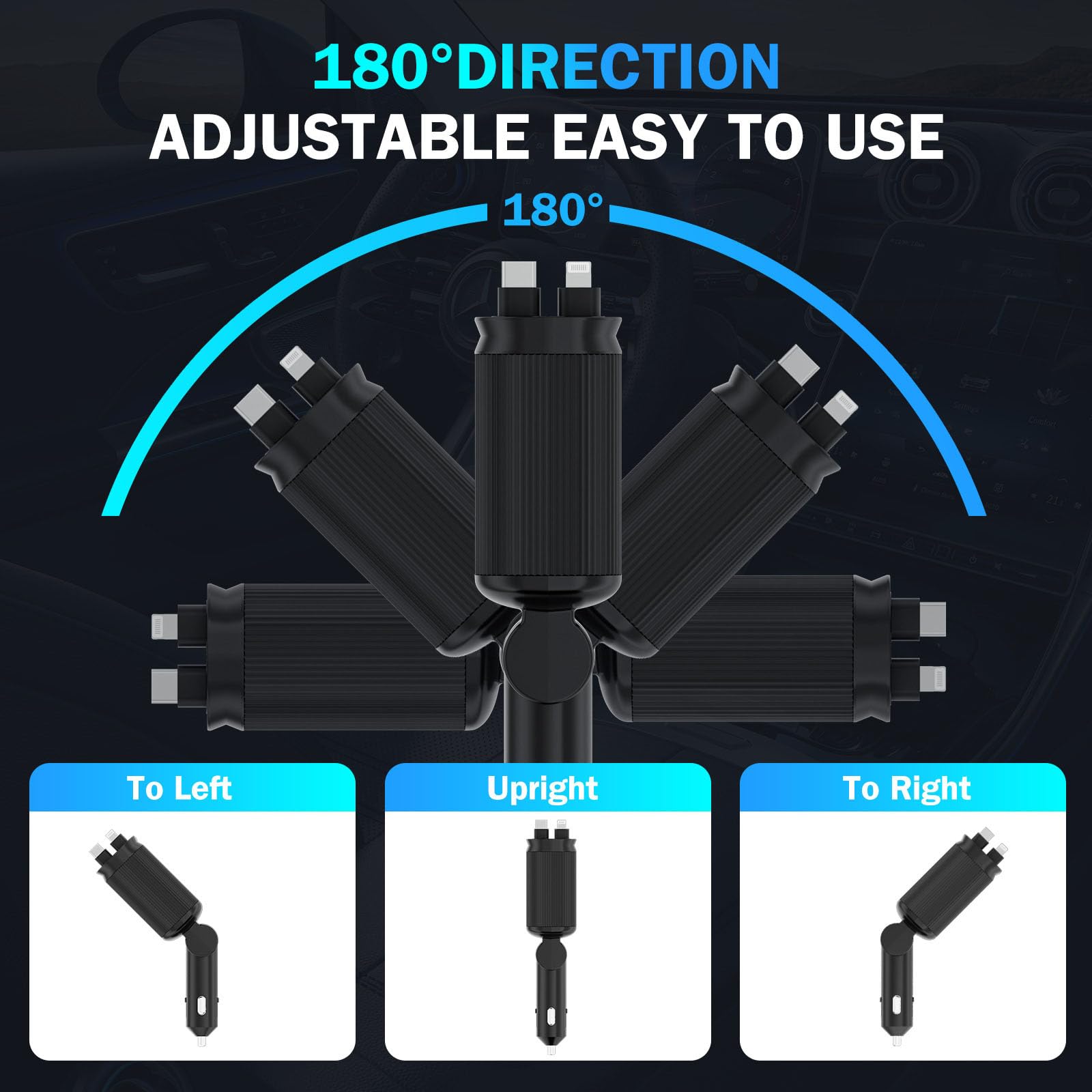 66W USB C Car Charger with Starlight - 4-in-1 Retractable Fast Charging Adapter with 2 USB Ports for iPhone 15/14/13/12/11 & Android Phones - Perfect for Road Trips & Daily Commute (Dark Black)
