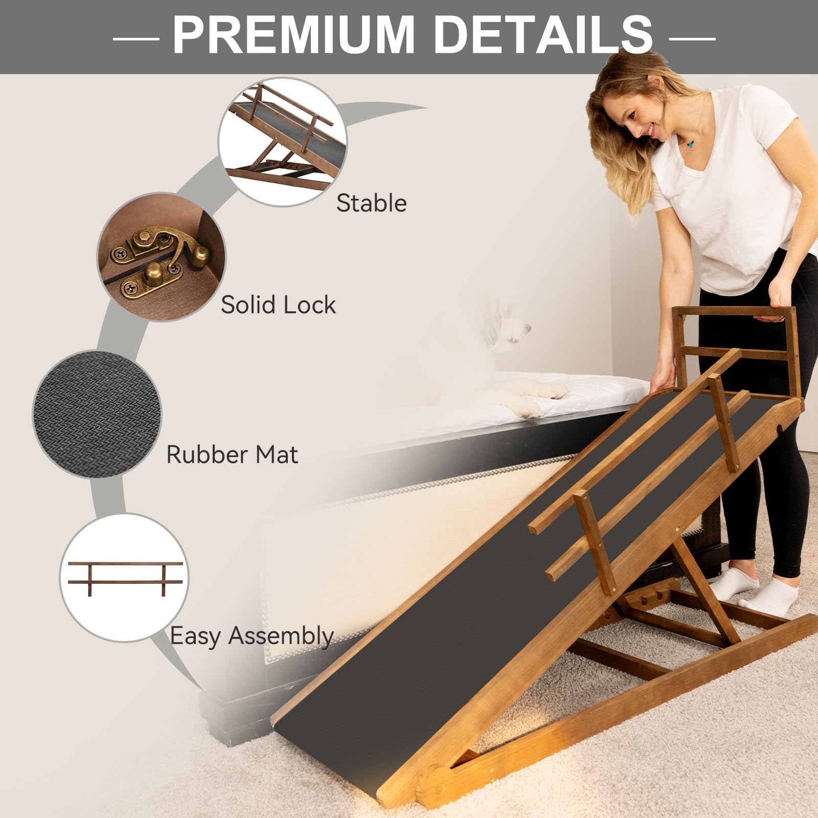 ABORON Adjustable Pet Ramp for Dogs & Cats - 5-Level Folding Dog Ramp for Bed, Couch, SUV, Car - Non-Slip Rubber Surface Supports 200 lbs, 45.2