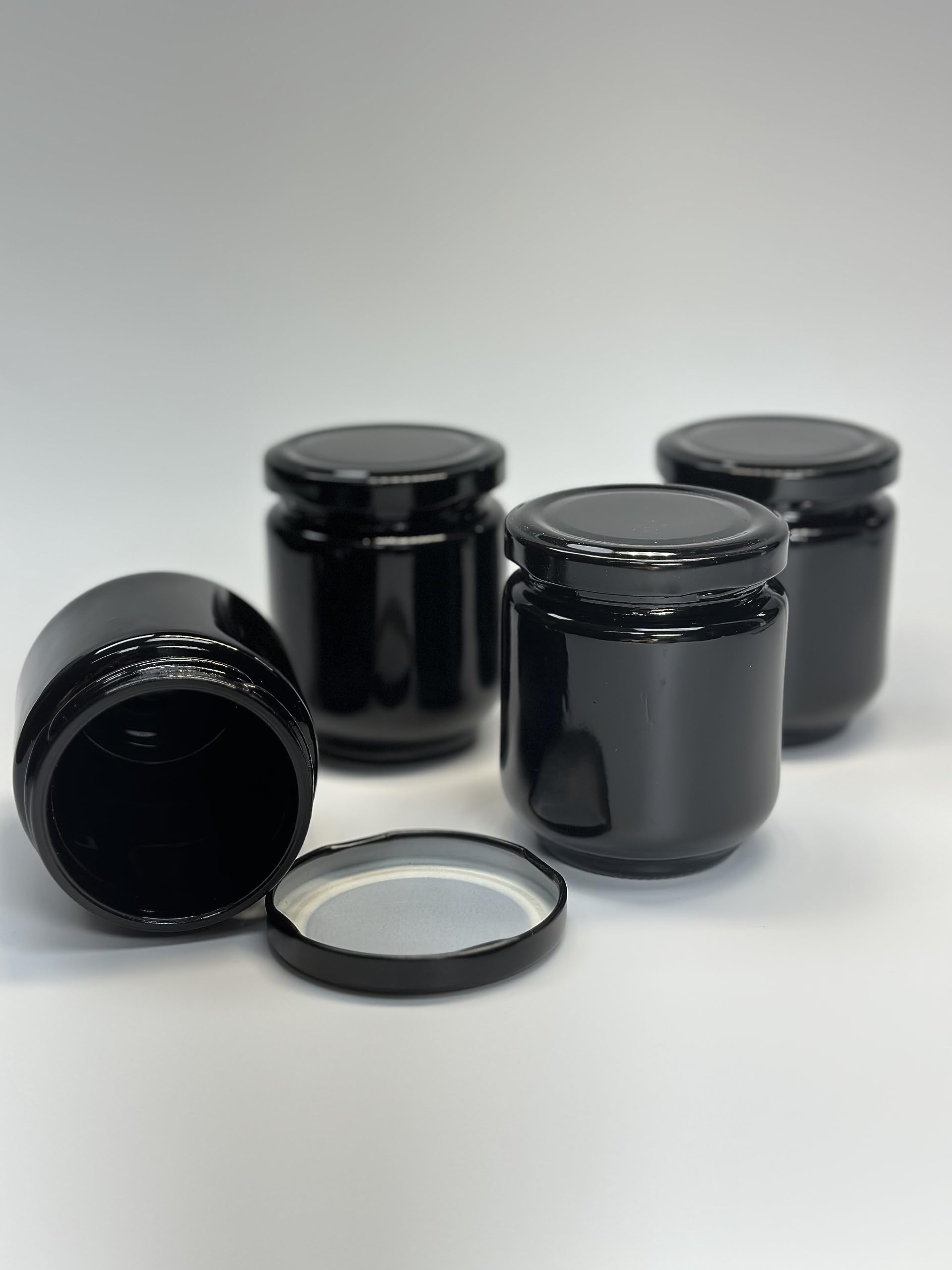 4-Pack Small 6.5oz Black Glass Jars with Airtight Lids - Perfect for Herb Storage, Jam Making, DIY Candles, Lip Balm, Body Butter & Kitchen Organization | Ideal for Home, Office & Craft Projects