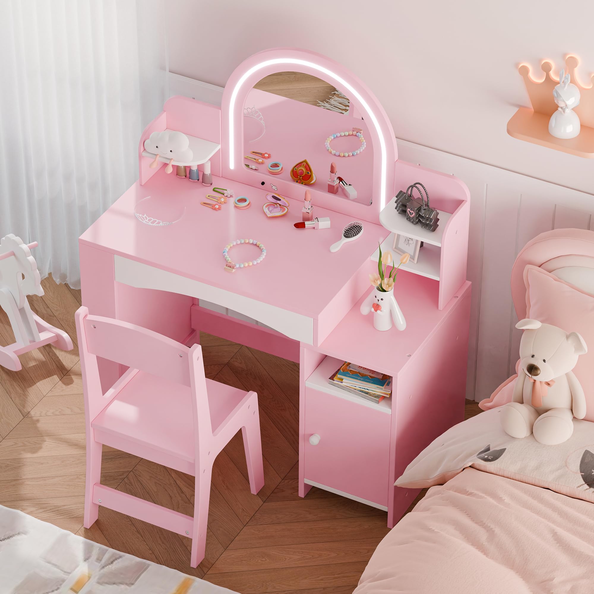 MU Kids Vanity with Lights - Princess Makeup Vanity Desk with Open Bookshelf, Storage Cabinet & Shelves | 2-in-1 Toddler Vanity Table & Chair Set with LED Mirror for Little Girls (Pink) | Perfect for Bedroom Decor, Birthday Gifts & Pretend Play